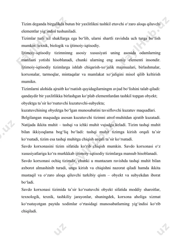 redit tizimi, resurslar iste’moli, xaridorlar va mahalliy hukumat organlari bilan o‘zaro munosabatlar orqali aloqada bo‘ladi hamda ochiq tizim sifatida savdo faoliyatida hisobga olinishi lozim bo‘lgan bir qator xususiyatlarga egalik qiladi. tashqi muhit bevosita ta’sir omillari ichki muhit deganda korxonaning butun xo‘jalik mexanizmi, ya’ni savdo-ishlab chiqarish, boshqaruv, sotuv va boshqa tuzilmalari tushuniladi. tashqi muhit deganda esa korxona faoliyatidan qat’iy nazar atrof-muhitda yuzaga keluvchi omil va sharoitlar tushuniladi. tashqi muhitning asosiy omillarini ikki guruhga taqsimlash mumkin: bevosita va bilvosita ta’sir omillari. bevosita ta’sir omillariga quyidagilar mansub: · bozor munosabatlarining holati va xarakteri; · korxona sotayotgan tvovarlar va taklif qilayotgan xizmatlarga bo‘lgan talab va taklif nisbati, iste’molchilarning tovarga talab darajasi va raqobatchi korxonalar faoliyati, bozordagi savdo sharoitlari. savdo korxonalari uchun muayyan bir joyda – shaharning markazi yoki chekkasida joylashishi, savdo, sanoat, dam olish hududi ekanligi, vokzal va tarnsport magistrallarining yaqinligi kabi omillar muhim rol o‘ynaydi bilvvosita ta’sir omillari qatoriga quyidagi umumiqtisodiy va umumsiyosiy …
