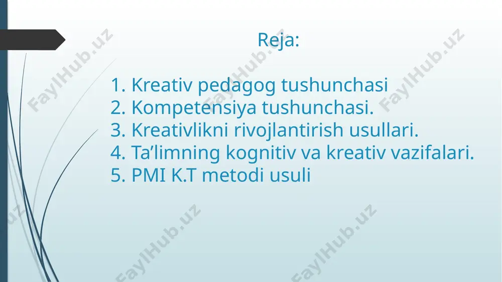 tishida hamda jamoada ijtimoiy ahamiyatga ega funksiyalarni bajarishida va har doim eng optimal yechim topa bilishida bilinadi. jamiyat uchun ilm-fanni samarali oʻqitishda kompetentlikni rivojlantiruvchi qobiliyatli oʻqituvchini shakllantirish muhimdir. hozirda turli xil tadqiqotlar shuni koʻrsatadiki, fan oʻqituvchilari oʻrta maktablarda yetarli darajada pedagogik mahoratni namoyish eta olmaydilar. bu esa kelajakda oʻqitish tizimiga juda katta muammolarni olib keltirib chiqarishi mumkin. pedagogik kompetentlikning muammolarini hal etish maqsadida turli izlanishlar olib borilmoqda. kompetensiya (lot.competo-erishyapman, munosibman, loyiqman) –u yoki bu sohadagi bilimlar, tajriba. o‘qituvchi - muallimlarning shaxsiy ijtimoiy sifatlariga azaldan e’tibor qaratib kelingan va har bir zamon talabidan kelib chiqib, pedagogga qo‘yiladigan talablar takomillashib, murakkablashib boravergan. kompetensiya tushunchasi. patti drepeau15 tomonidan ham shaxs (jumladan, pedagoglar)da kreativlik sifatlarini muvaffaqiyatli rivojlantirishning toʻrtta yoʻli koʻrsatilgan kreativ fikrlash konikmasini shakillantirish amaliy kreativ harakat konikmalarini rivojlantirish kreativ faoliyat jarayonlarini tashkil etish kreativ maxsulot(ishlanma)lardan foydalanish kreativlikni rivojlantirish usullari kreativ fikrlash koʻnikmasini shakllantirish. bunda asosiy urgʻu kreativ fikrlash koʻnikmalarini shakllantirish asosiy eʻtibor markazida …