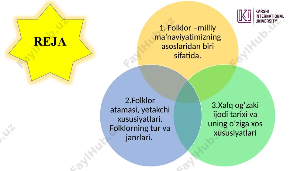 o'zbek xalqining asrlar davomida ijodkor farzandlari tomonidan yaratilgan madaniy merosidir. bu meros maqollar, matallar, latifalar, qo'shiqlar, ertaklar, dostonlar va boshqa janrlardagi asarlardan iborat. xalqimiz og'zaki ijodining tarixiy ildizlari markaziy osiyoda yashab o'tgan turkiy xalqlarning mifik dunyoqarashiga borib taqaladi. mazkur mifik qarashlar o'rxun-enasoy tosh bitiklari, «o'g'uznoma», «kitobi dada qo'rqut», mahmud koshg'ariy tuzgan «devonu lug'atit-turk», ahmad yugnakiyning «hibat ul-haqoyiq», yusuf xos hojibning «qutadg'u bilig» kabi adabiy asarlarida ham o'z ifodasini topgan. folklor asarlarida xalq hayoti badiiy aks etadi. shuning uchun xalq og'zaki ijodi so'z san'atining - badiiy adabiyotning og'zaki shakli sifatida o'rganiladi. xalq og'zaki ijodining maqol, topishmoq, ertak, doston, tez aytish, sanamachoq, qo'shiq, askiya kabi janrlari bor. xalqimiz tomonidan ming yillar davomida yaratilgan og'zaki ijod namunalari o'zbek xalqining tarixiy va qimmatli madaniy merosidir. ayni kunlarda o'rganish va asrab avaylash qayta-qayta ta'kidlanayotgan xalq qadriyatlari tarkibida xalq og'zaki ijodi ham mavjuddir. xususan, «to'maris», «shiroq» kabi afsonalar, «alpomish», «go'ro'g'lining tug'ilishi», «ravshan», «oshiq g'arib va shohsanam» …
