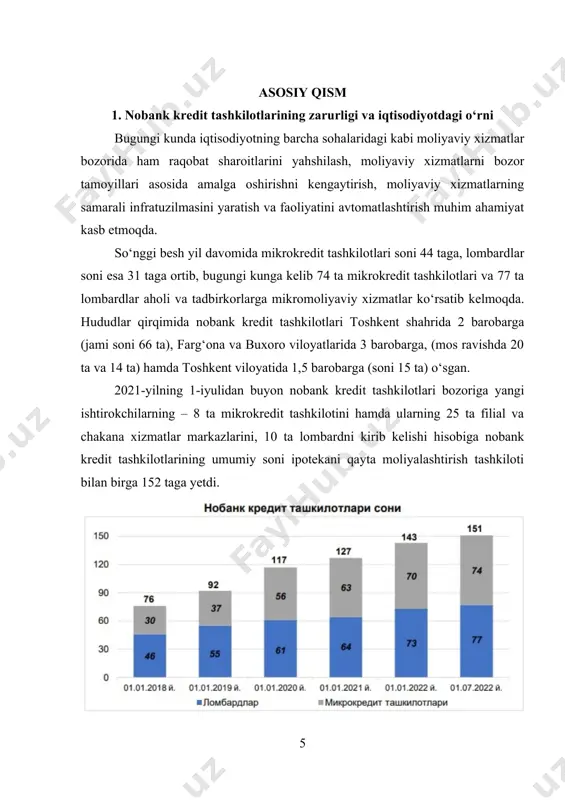 asi o‘rtacha 2,1 martaga oshishi kerak. yillar kesimida oladigan bo‘lsak, tijorat banklarining kapitallashuv darajasining oshishi quyidagi prognoz ko‘rsatkichlariga ega: 2011 yil – 4114 mlrd. so‘m; 2012 yil – 4731 mlrd. so‘m; 2013 yil – 5441 mlrd. so‘m; 2014 yil – 6257 mlrd. so‘m; 2015 yil – 7357 mlrd. so‘m bank tizimida amalga oshirilgan islohotlar 2012 yilda respublika bank tizimidagi islohotlar o‘zbekiston respublikasi prezidentining 2010 yil 26 noyabrdagi pq-1438-sonli qarori bilan tasdiqlangan “2011-2015 yillarda respublika moliya-bank tizimini yanada isloh qilish va barqarorligini oshirish hamda yuqori xalqaro reyting ko‘rsatkichlariga erishishning ustuvor yo‘nalishlari bo‘yicha kompleks chora-tadbirlar” dasturi hamda respublika moliya-bank tizimini rivojlantirishga oid boshqa hujjatlarda belgilangan vazifalarni bajarishga qaratildi, jumladan: - bank nazorati tizimini yanada takomillashtirish, bank nazorati bo‘yicha bazel qo‘mitasining yangi tavsiyalarini tatbiq etish bilan bog‘lik tadbirlarni davom ettirish; - mamlakat bank tizimi va tijorat banklari faoliyatini etakchi xalqaro reyting tashkilotlari tomonidan qo‘llaniladigan me’yor, andoza va ko‘rsatkichlar asosida baholash amaliyotini kengaytirish; - …