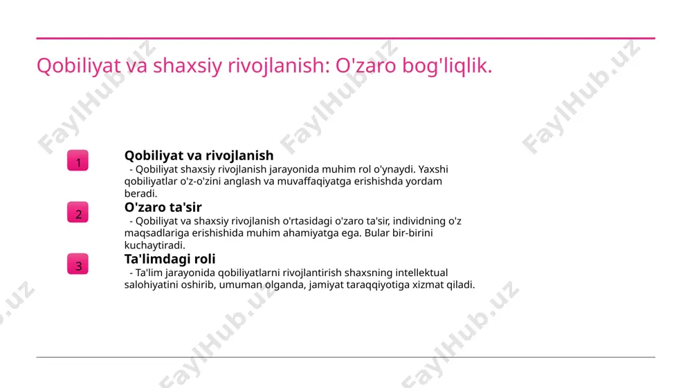 teraktiv ta'limni ta'minlaydi. shaxsiylashtirilgan yondashuv shaxsiylashtirilgan ta'lim, talabalarning individual qobiliyatlariga e'tibor qaratadi. bu yondashuv, har bir talabaning o'ziga xos ehtiyojlarini qondirishga yordam beradi va muvaffaqiyatni oshiradi. xulosa qobiliyat va ta'limning ahamiyati qobiliyat ta'lim jarayonida muvaffaqiyatning asosiy omillaridan biridir. bu, shaxsning rivojlanishi va ijtimoiy hayotga ta'sir ko'rsatadi. innovatsion yondashuvlar roli innovatsion yondashuvlar qobiliyatlarni rivojlantirishda muhim o'rin tutadi. ular yangi strategiyalar va metodlarni taklif etib, ta'lim sifatini oshiradi. qobiliyatlarni baholash va rivojlantirish qobiliyatlarni aniqlash va baholash usullari muhimdir. bu, o'zbek ta'lim tizimida shaxsiy rivojlanishni ta'minlash uchun zaruriy asos yaratadi. e'tiboringiz uchun rahmat! /docprops/thumbnail.jpeg