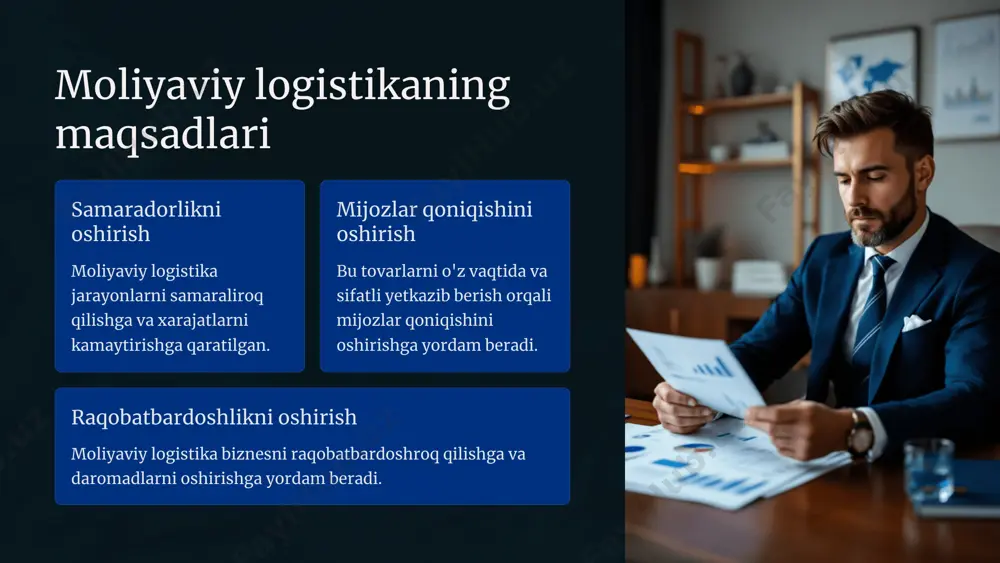 moliyaviy logistika xarajatlarini topshirish 1 transport xizmatlarini topshirish yuk tashishni tashqi kompaniyalarga topshirish. 2 ombor xizmatlarini topshirish tovarlarni saqlashni tashqi kompaniyalarga topshirish. 3 qayta ishlashni topshirish mahsulotlarni qayta ishlashni tashqi kompaniyalarga topshirish. moliyaviy logistikaning qiymat yaratish jarayoni 1 xarajatlarni kamaytirish moliyaviy logistika xarajatlarni kamaytirishga va samaradorlikni oshirishga yordam beradi. 2 mijozlarga xizmat ko'rsatishni yaxshilaydi tovarlarni o'z vaqtida va sifatli yetkazib berish orqali mijozlarga xizmat ko'rsatishni yaxshilaydi. 3 raqobatbardoshlikni oshirish moliyaviy logistika biznesni raqobatbardoshroq qilishga va daromadlarni oshirishga yordam beradi. moliyaviy logistikani samarali boshqarish rejalashtirish moliyaviy logistika jarayonlarini rejalashtirish va boshqarish. boshqarish moliyaviy logistika jarayonlarini nazorat qilish va muvofiqlashtirish. tahlil qilish moliyaviy logistika jarayonlarini tahlil qilish va yaxshilash. e'tiboringiz uchun rahmat image1.png image2.png image3.png image4.png image5.png image6.png image7.png image8.png image9.png image10.png image11.png image12.png image13.png image14.png image15.png image16.png image17.png image18.png image19.png image20.png image21.png