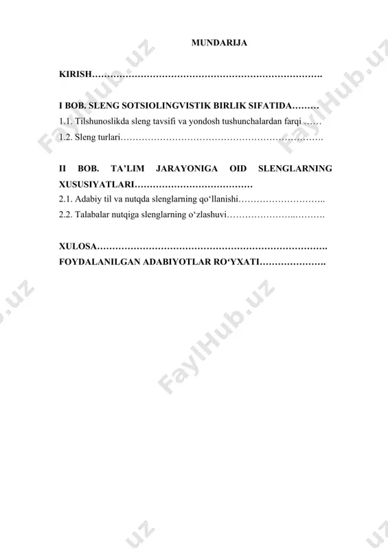 a uning til orqali jamiyatga yetkazilishida bu jarayon yaqqol ko‘rinadi. tilning mavjudlik shakllari uning tarkibiy tuzilishi va inson jamoasida uning faoliyati aniq shakllar sifatida tushuniladi. ushbu shakllar bir-biri bilan muayyan, ba’zan juda murakkab munosabatlarda, turli xil o‘zgaruvchanlik, barqarorlik va kodifikatsiya darajalariga ega bo‘ladi. bunda tilning qo‘shimcha tavsiflariga ko‘ra, kichik tizim (argo, jargon, sleng)lar, xususan, ijtimoiy dialektlar haqidagi ma’lumotni o‘z ichiga oladi. sleng suhbatlashuvchilarni birlashtiradi, bir vaqtning o‘zida ularni boshqalar bilan taqqoslab, “yashirin til” yoki guruhni identifikatsiyalash vositasiga aylanadi. shu bilan birga, suhbatdosh shaxsiyatining ma’naviy va ruhiy rivojlanishiga to‘g‘ridan to‘g‘ri ta’sir qiladigan, til vositalarida “tillar”, “dunyo tasviri”ni shakllantiradi. zamonaviy yoshlar nutqining kelib chiqishi haqida tadqiqotlar deyarli uchramaydi. v.m.mokienko, d.g.nikitina kabi filolog olimlarning fikriga ko‘ra, slengning turli tashuvchilari tomonidan ishlatiladigan bir xil so‘zlar va iboralarning kelib chiqishi, shakllari va ma’nolari bir-biriga bog‘langan dialekt, lahja, sheva kabilarga bo‘linadi. bunga zamonaviy yoshlar nutqida sezilarli bo‘lgan ijtimoiy va professional slenglarni misol qilib keltirsa bo‘ladi. til …