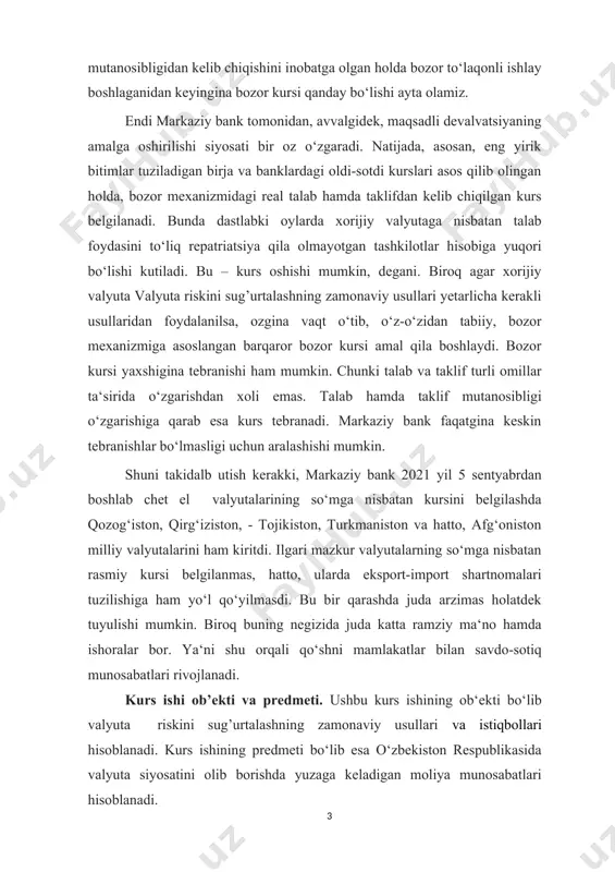 larning so‘mga nisbatan rasmiy kursi belgilanmas, hatto, ularda eksport-import shartnomalari tuzilishiga ham yo‘l qo‘yilmasdi. bu bir qarashda juda arzimas holatdek tuyulishi mumkin. biroq buning negizida juda katta ramziy ma‘no hamda ishoralar bor. ya‘ni shu orqali qo‘shni mamlakatlar bilan savdo-sotiq munosabatlari rivojlanadi. kurs ishi ob’ekti va predmeti. ushbu kurs ishining ob‘ekti bo‘lib valyuta riskini sug’urtalashning zamonaviy usullari va istiqbollari hisoblanadi. kurs ishining predmeti bo‘lib esa o‘zbekiston respublikasida valyuta siyosatini olib borishda yuzaga keladigan moliya munosabatlari hisoblanadi. kurs ishining maqsadi va vazifalari. mavzuni o’rganishimaizda oldimizga quydagi vazifalarni quydik valyuta risklari tushunchasining iqtisodiy mohiyati va turlari xalqaro moliya munosabatlarida valyuta risklarini boshqarish usullari va ularning mohiyati valyuta riskini sug'urtalashning zamonaviy usullari taxlili valyuta riskini sug'urtalashning zamonaviy turlari kurs ishining asosiy masalalari. kurs ishining aosiy masalasi bu xalqaro moliya munosabatlarida valyuta riskini sug’urtalashning zamonaviy usullari siyosatining ahamiyati va o`zbekiston respublikasining xalqaro moliya munosabatlaridagi ishtirokini o‘rganish hisoblanadi i bob. valyuta riskining moxiyati, turlari va uning …