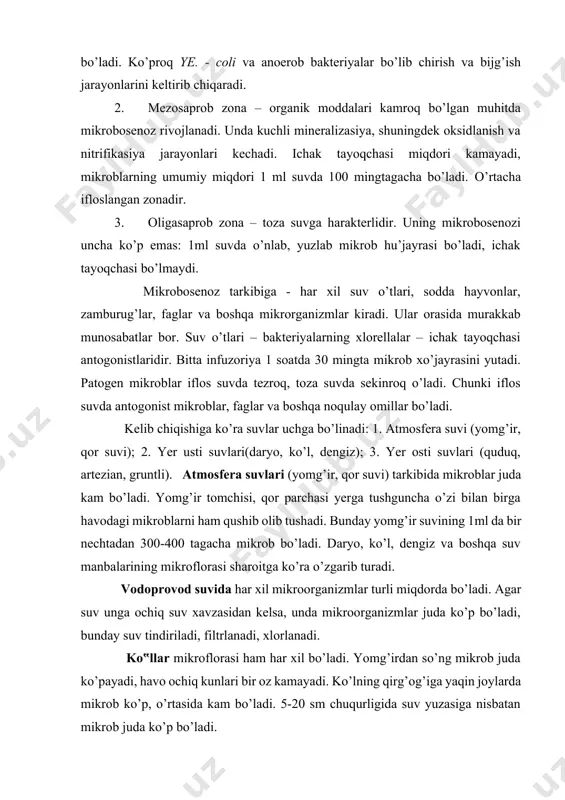iqdorda bo’ladi. agar suv unga ochiq suv xavzasidan kelsa, unda mikroorganizmlar juda ko’p bo’ladi, bunday suv tindiriladi, filtrlanadi, xlorlanadi. ko‟llar mikroflorasi ham har xil bo’ladi. yomg’irdan so’ng mikrob juda ko’payadi, havo ochiq kunlari bir oz kamayadi. ko’lning qirg’og’iga yaqin joylarda mikrob ko’p, o’rtasida kam bo’ladi. 5-20 sm chuqurligida suv yuzasiga nisbatan mikrob juda ko’p bo’ladi. dengiz suvida daryo va ko’l suvlariga nisbatan mikroblar kamroq bo’ladi. dengizda sho’r suvda yashashga moslashgan mikroblar bilan bir qatorda normal tuzli muhitda yashovchi mikroblar ham bo’ladi. dengiz suvida aktinomisetlar, sporali, sporasiz bakteriyalar, kamroq kokklar, mog’orlar va achitqilar uchraydi. sanitariya holati bo’yicha distillangan suv, artezian qudug’ining suvi, buloq va atmosfera suvlari tarkibida mikroblar juda kam bo’ladi. distillangan suvga mikrob havodan yoki ifloslangan idishdan tushadi. artezian suvining 1 mlda 10 ga yaqin mikrob bo’ladi, ular trubalardan suv o’tishi paytida aralashib qolishis mumkin. buloq suvida mikrobning kam bo’lib, uning ko’paya borishi, buloq atrofida to’plangan suvda turli tashlandiq narsalarning …
