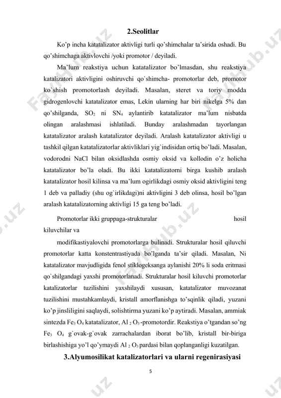 ichiga olmaydi. shunga ko’ra bu hodisani roginskiy modifikastiyalanishi deb atadi. katalizator mavjudligida reakstiyaning tezlanishiga asosiy sabab aktivlanish energiyasining kamayishi deyilgan edi. katalizator aktivligini turli qo’shimcha ta’sirida o`zgarishiga sabab aktivlanish energiyasi bilan bir katorda arrenius tenglamasidagi (xi.31) k=k*e-e/2t eksponestial oldidagi sonni (r0) o`zgarishi ekanligi aniqlandi. katalizator aktivligi o`zgarganda e ni qiymati kamayishi bilan bir katorda r0 qiymati ortadi, bir effekt ikkinchi effekt bilan koplanadi. bu hodisa kompensastion (qoplanish) effekt deyiladi. bu miqdor kuyidagi tenglama bo’yicha o`zgaradi. biror t temperaturada e ning kamayishi r0 ning ko’p ayishi bilan to’la qoplanadi va bunday katalizator aktivligi o`zgarmasdan qoladi. aktivlik egri chizig`ining minimum va maksimumdan o’tishiga sabab e, r0 ning karama- karshi tomonga o`zgarishidir. adabiyotlar 1. manovyan a.k. texnologiya pervichnoy pererabotki nefti i prirodnogo gaza. – m.: ximiya, 1999. – 567 s. 1. nikolayav v.v., busigina n.v. osnovnqe protsessq fizicheskoy i fiziko-ximicheskoy pererabotki gaza. – m.: nedra, 1998. – 184 s. 1. bekirov t.m. pervichnaya …