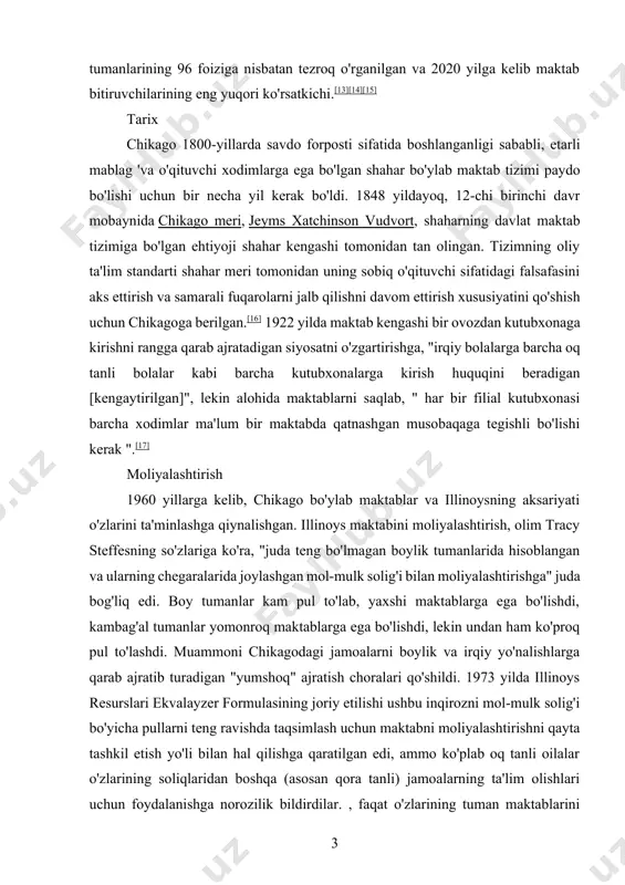 bilan moliyalashtirishga" juda bog'liq edi. boy tumanlar kam pul to'lab, yaxshi maktablarga ega bo'lishdi, kambag'al tumanlar yomonroq maktablarga ega bo'lishdi, lekin undan ham ko'proq pul to'lashdi. muammoni chikagodagi jamoalarni boylik va irqiy yo'nalishlarga qarab ajratib turadigan "yumshoq" ajratish choralari qo'shildi. 1973 yilda illinoys resurslari ekvalayzer formulasining joriy etilishi ushbu inqirozni mol-mulk solig'i bo'yicha pullarni teng ravishda taqsimlash uchun maktabni moliyalashtirishni qayta tashkil etish yo'li bilan hal qilishga qaratilgan edi, ammo ko'plab oq tanli oilalar o'zlarining soliqlaridan boshqa (asosan qora tanli) jamoalarning ta'lim olishlari uchun foydalanishga norozilik bildirdilar. , faqat o'zlarining tuman maktablarini emas. ushbu formulalar 1980-yillarning oxirlarida bekor qilindi va mablag 'bilan bog'liq keskin muammolar chikagoda ham, illinoysda ham davom etmoqda.[18] maktablarning yopilishi 2001 yildan 2009 yilgacha, cps, ostida arne dunkan rahbariyati, sinflarning kam quvvati yoki sustligi sababli o'nlab boshlang'ich va o'rta maktablarni yopdi. o'chirish talabalar talabalarning kam ishlashiga yordam beradi degan da'volarga qaramay, chikago universiteti tadqiqotchilar shuni aniqladilarki, yopilish …