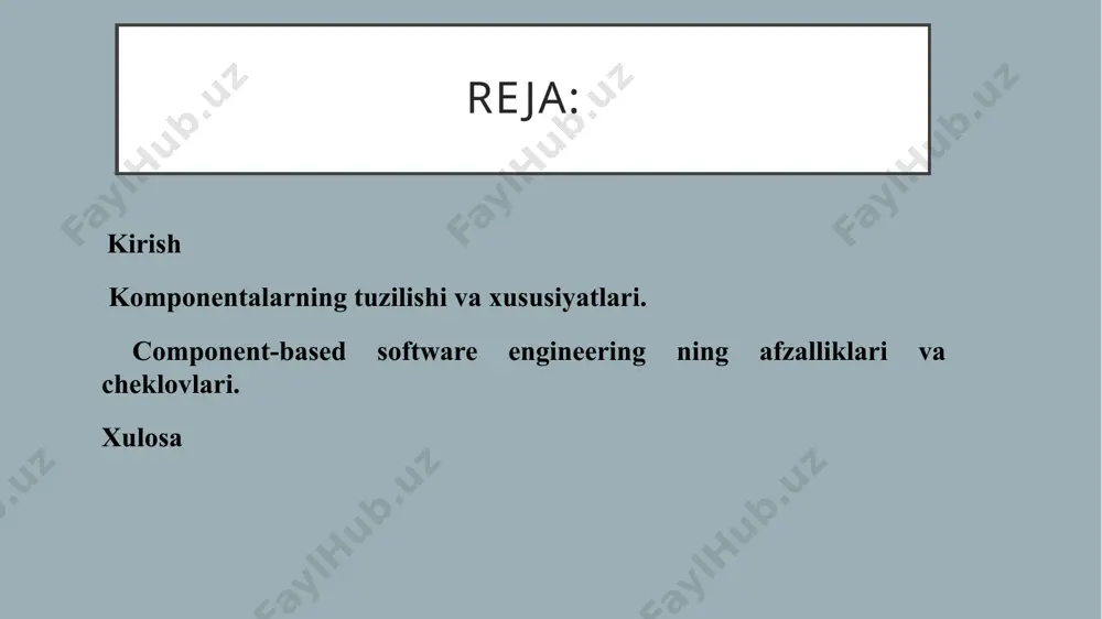hi va xususiyatlari component-based software engineering (cbse) metodologiyasida komponentalarning tuzilishi va xususiyatlari dasturiy tizimni yaratish va uning samarali ishlashini ta’minlash uchun juda muhimdir. komponentalar tizimni kichik, mustaqil, qayta ishlatilishi mumkin bo‘lgan qismlarga bo‘lib, ularning har biri aniq bir vazifani bajaradi. komponentalarning tuzilishi: interfeys ishlash mexanizmi ma'lumotlar va resurslar interfeys — bu komponentaning tashqi dunyo bilan aloqasini tashkil etuvchi qism. komponenta o‘zining xizmatlari yoki metodlarini interfeys orqali taqdim etadi. interfeysda metodlar, funksiyalar yoki xizmatlar ro‘yxati bo‘ladi, bu orqali tashqi tizimlar komponenta bilan o‘zaro aloqada bo‘lishi mumkin. interfeyslar komponentalarning ishlashini tartibga soladi va uning boshqa qismlar bilan integratsiyasini osonlashtiradi. ishlash mexanizmi (business logic)-komponentaning ichki mexanizmi yoki biznes logikasi uning asosiy funksiyalarini bajaradigan qismidir. bu qismlar algoritmlar va ish jarayonlarini o‘z ichiga oladi. ular tashqi interfeyslar orqali chaqiriladi va foydalanuvchi yoki boshqa tizimlar bilan ishlashni ta'minlaydi. ma'lumotlar va resurslar-komponenta o‘zining ishlashida foydalanadigan ma'lumotlar va resurslar (ma'lumotlar bazalari, fayllar, tarmoqlar va boshqalar) mavjud. komponenta …