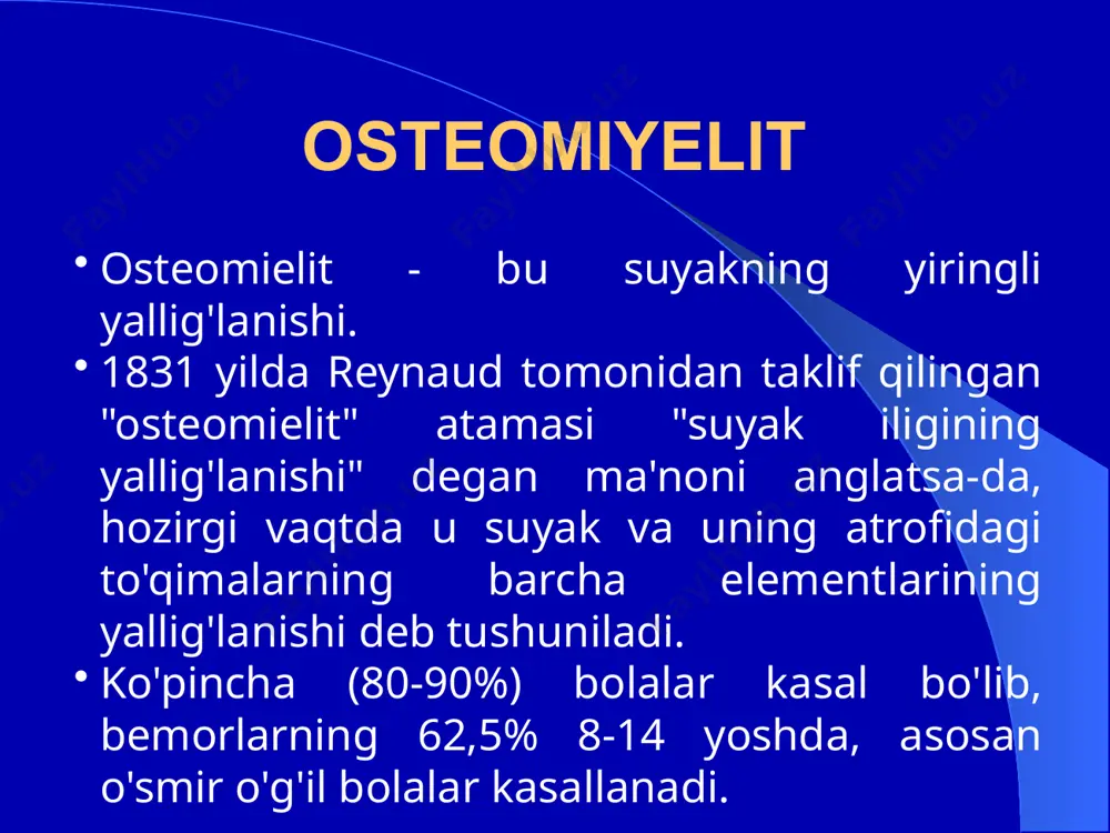 ish) tomirlar spazmi va to’qimalar trofikasining buzilishi 8 9 o'tkir gematogen osteomielitning birinchi rentgenologik belgilari faqat kasallikning 10-14-kunidan boshlab aniqlana boshlaydi, bu xususiyatlar bilan bog'liq holda suyakdagi yiringli jarayon tez rivojlanadi, rentgenologik tashxis kech qo'yiladi, chunki. suyakdagi o'zgarishlar allaqachon qaytarilmasdir. uzun naysimon suyak osteomiyelitining erta rentgenologik belgisi hisoblanadi a) suyak moddalarini ishlab chiqarishni boshlaydigan periosteumning ajralish alomati - silliq tashqi va biroz notekis ichki konturli nozik chiziqli soya; b) metafizda radiologik ma'lumotlar suyak strukturasining xiralashganligi, siyraklanish va siqilish joylari almashinadi. diagnostika 10 humerusning yuqori uchdan bir qismidagi o'tkir osteomiyelit 11 achchiq femurning osteomiyelitlari 12 katta tibial suyak pastki uchdan bir qismi osteomiyelit 13 laboratoriya diagnostikasi: leykotsitoz, gemoglobin darajasining pasayishi, formulaning chapga siljishi, siydikdagi o'zgarishlar. termografiya suyakning diagnostik trepanatsiyasi (bolalarda - ponksiyon) - osteomielitning tasdiqlangan tashxisi bilan diagnostika operatsiyasi darhol davolanishga o'tadi. 14 osteoperforatsiya operatsiyasi 15 16 o'tkir gematogen osteomielitning asoratlari sepsis yiringli artrit oyoq-qo'llarning chuqur flegmonasi patologik yoriqlar 17 18 …