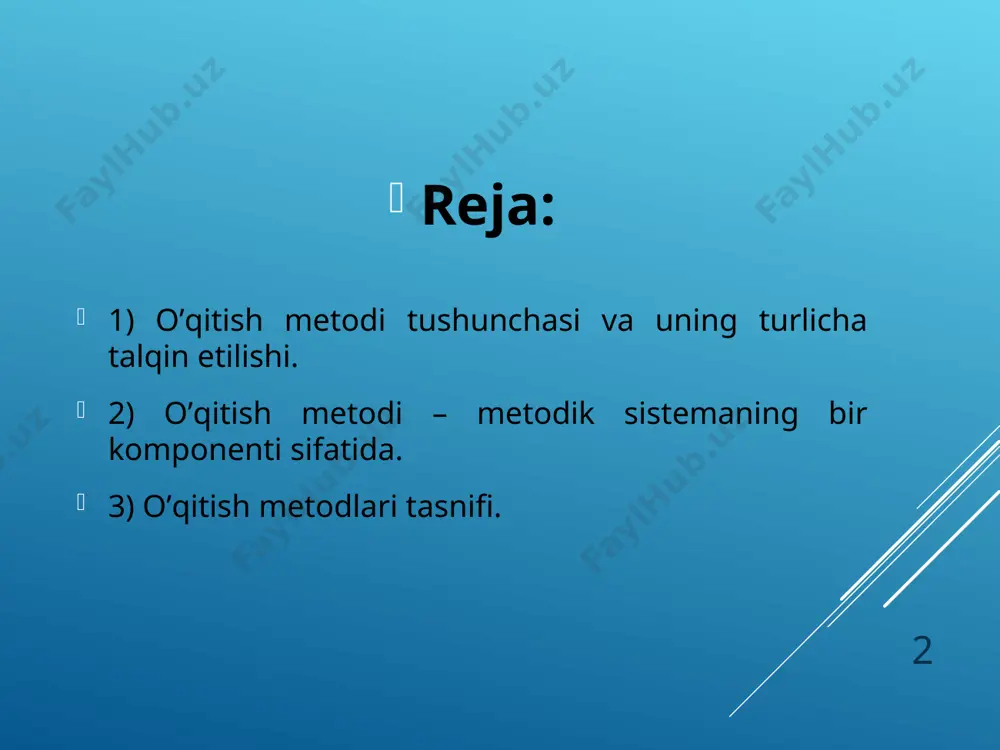 a sektorida o’qitish metodlariga quyidagicha ta’rif berildi: “o’qitish metodlari – bu darsda o’qituvchi va o’quvchilarning ish faoliyati bo’lib, uning evaziga o’quv tarbiya ishlari hal etiladi”. * yoki shu institutning “boshlang’ich ta’lim” sektorida a.m.pishkalo rahbarligida quyidagicha ta’rif keltirildi: o’qitish metodlari – bu darsda o’qituvchi va o’quvchilarning birgalikdagi faoliyati bo’lib, uning evaziga bilim beriladi, malaka va ko’nikmalar hosil qilinadi, o’quvchilarda dunyoqarash va mustaqil ishlash elementlari shakllanadi, ular hayotga va mehnatga tayyorlanadi. o’qitish metodlari o’qituvchi va o’quvchilarning birgalikdagi faoliyatlari usuli bo’lib, bu faoliyat yordamida yangi bilimlar, malakalar va ko’nikmalarga erishiladi, o’quvchilarning dunyoqarashi shakllanadi, ularning qobiliyatlari rivojlanadi. * analogiya metodi – shunday xulosaki, bunda predmetlar ba’zi belgilarining o’xshashligi bo’yicha bu predmetlar boshqa belgilari bo’yicha ham o’xshash, degan taxminiy xulosa chiqariladi. analogiya “xususiydan xususiyga boradigan”, bir konkret dalildan boshqa aniq dalilga boradigan xulosadir. * deduksiya metodi bilishning shunday yo’liki, bu yo’l umumiyroq bilimlar asosida yangi xususiy bilimlarni olishdan iboratdir. deduksiya bu umumiy qoidalardan xususiy misollarga …