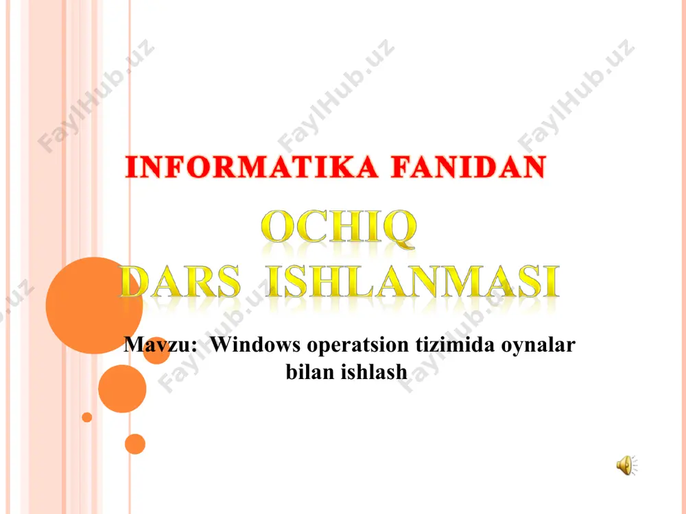 umkin. foydalanuvchining kompyuteriga tarmoqga ulangan kompyuterlardagi fayl, papka va disklar bilan ishlash imkoniyatini yaratadi. internet tizimida foydalanish uchun tanlangan hujjatlar saqlanadi. internetdagi web sahifalarini ko’rib chiqish programmasi. papka – bu so’z bilan nomlangan diskdagi ma’lumotlar sohasi. uning ichida boshqa papkalar va fayllar joylashishi mumkin. yorliq – bu diskda joylashgan fayl yoki dasturgacha yo’llanma. masalalar paneli – aktiv dasturlar va fayllar nomlarini ko’rsatuvchi tugmalar joylashadi va ular yordamida bittasidan boshqasiga tezkor o’tish ta’minlanadi. tizim papkalari oddiy papkalardan qanday xususiyatlari bilan farq qiladi? savollarga javob bering? masalalar panelini qanday usullar yordamida faollashtirish mumkin? ikonalar deb nimalarga aytiladi? yana uni qanday nomlar bilan nomlashimiz mumkin. ish stolida qanday elementlar joylashgan bo’ldi? tizim papkalariga qanday papkalar kiradi? oddiy papkalargachi. moy kompyuter tizim papkasida qanday disklar joylashadi va ularning vazifasini aytib bering? operatsion tizimning asosiy vazifasi nimadan iborat? savollarni tekshirib oling. 1. tizim papkalari oddiy papkalarda quyidagi xususiyatlari bilan farq qiladi: barcha tizim papkalarini yo’qotish …