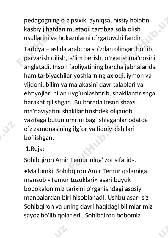 lim ubaydullohning qizi bo'lgan. o’sha paytda kesh va unga tobe' yerlarning bekligi esa amir tarag'ayning og'asi hoji barlosning qo'lida edi. •«zubdat at-tavorix»(shahobiddin abdulloh ibn lutfulloh ibn abdurashid-laqabi hofizi abdu, vafoti 830427 y.) da yozilishicha, shajaraning amir sohibqiron tarmog'i chingizxon ajdodlaridan tumanoyxon (tumanxon) farzandlaridan boshlab ajraldi. jumladan, qobilxon jahongir podshoh chingizxonning iii-chi otasi va uning birodari qachuloy no'yon esa, amir sohibqironning sakkizinchi otasidir. •barloslar qabilasining nomi ham qachuloy no'yondan bosh-langan. chingizxon o'zining ikkinchi o'g'li chig'atoyxonni turkiston va movarounnahr mamlakatlariga hukmdor qilib •tayinlaganda, amir sohibqironning beshinchi otasi qarachor no'yon uning lashkarboshisi bo'lgan va «amir ul-umaro» («amirlar amiri”) degan unvon olgan. keyinchalik chig'atoy ulusida hokimiyat uchun ichki nizolar kuchayib ketganligi sababli, qarachor no'yonning farzandlari va qavm-qarindoshlari kesh viloyatiga kelib, o'rnashib, shu yerda yashab qolganlar, uning avlodlari o'sha viloyatni boshqarganlar, «zubdat at-tavorix»da qarachor no'yonning farzandlari ko'p bo'lganligi qayd etilib, ulardan o'n to'qqiz o'g'ilning nomini, shu o'g'illardan tarqalgan keyingi avlodning mashhurroqlarini sanab, ayrimlarining shajarasi to …