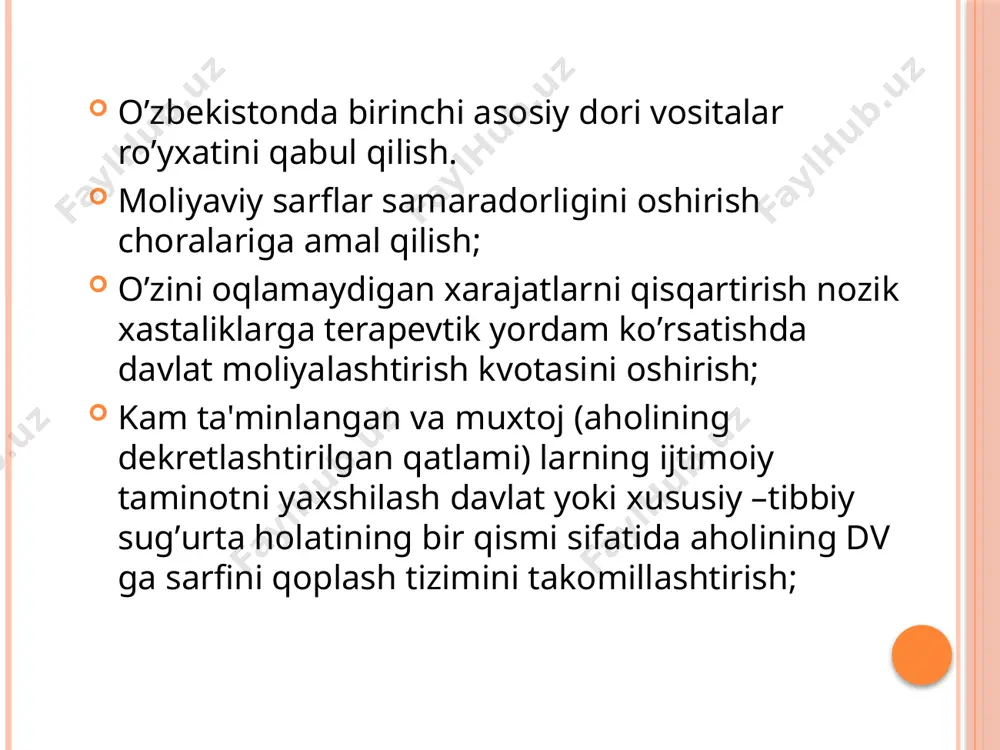 dori vositalarini tasdiqlash bo’yicha yangi strategiyalari taqdim etilgan. 1987 yili jahon sog’liqni saqlash assambleyasini qabul qildi, unda aksariyat davlatlarga asosiy dori vositalarining milliy ro’yxatini va sotishning muvofiq tizimini yaratishni qat’iy yuklatildi. shu yiliyoq qozog’istonda o’tkazilgan birinch tibbiy-snitar yordam ko’rsatish bo’yicha xalqaro konferentsiyada olma-ota deklaratsiyasi qabul qilindi. deklaratsiyada barcha jahon xalqlari sog’liqni saqlash va mustahkamlash maqsadida, hukumatlar, sog’liqni saqlash xodimlari va barcha jahon jamiyati tomonidan tezkor chra tadbirlar ko’rish zarurligini tasdiqladi. bu birinchi tibbiy sanitar yordam ko’rsatishining muhimligini tasdiqlovchi va aholini asosiy dori vositalari va vaktsinalari bilan ta’minlashni nazarda tutuvchi birinchi xalqaro deklaratsiyadir. o’zbekiston sog’liqni saqlash sohasida milliy siyosatning tarkibiy qismi bo’lgan dori vositalari sohasidagi milliy siyosat bu asosiy strategik yonalishlarini aniqlashda va chora tadbirlar ko’rishda faoliyatida qonuniy sektorlarni qayta ishlab chiqarishda asosiy yolboshchidir. milliy dori siyosatining asosiy maqsadi – farmatseftik bozorda jamiyatning talablari mavjud kasalliklari hisobga olingan holda xavfsiz, sifatli, samarali dori mavjudligini va mamlakatda sog’liqni saqlashni rivojlantirish dasturini hamda …