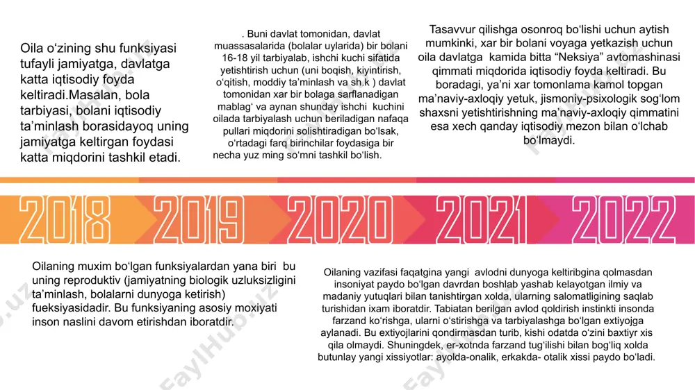 oila a’zolarning bevosita mexnat, o‘qish va boshqa ijtimoiy faoliyatlardan xoli xolda, ya’ni bo‘sh vaqtlarni birgalikda o‘tkazishlarini qanday tashkil qilishlari, unda bularning o‘zaro munosabatlari xarakteri qanday ekanligi bugungi kun oilasi mustaxkamligi uchun muxim axamiyatga ega bo‘lgan omillardan xisoblanadi.bo‘sh vaqt jamiyatining nixoyatda muxim ijtimoiy qadriyatlaridan birdir. bu qadriyatdan odamlar turlicha foydalanadilar. bo‘sh vaqtni muntazam ravishda qanday o‘tkazishga qarab xar bir odamning yetuklik darajasiga, ma’naviy dunyosiga baxo berish mumkin. bu borada erishilgan yutuqlarimizdan biri shuki-dam olish va sog‘lomlashtirish ishlariga davlat miqyosida axamiyat berila boshlandi. lekin ko‘pchilik turli sabablar bilan (ularning o‘zlari ko‘proq moddiy sababni ko‘rsatishda) madaniy dam olishga e’tibor bermay qo‘yganligini xam aytib o‘tish lozim. oilada er-xotinning bir-birini to‘liq tushunish-ularning o‘zlarini baxtli xis qilishlarini ta’minlaydi. shuningdek, o‘zidagi mavjud tibbiy-ijodiy imkoniyatlar (iqtidor)ni ro‘yobga chiqarish, jamiyat va oila doirasida sarflash xam insongao‘zini baxtli xis etish imkonini beradi. keyingi vaqtlarda insonning imkoniyatlari ortgan sari uning baxtga intilish darajasi xam ortib bormoqda. . . xozirgi vaqtda oilaviy …