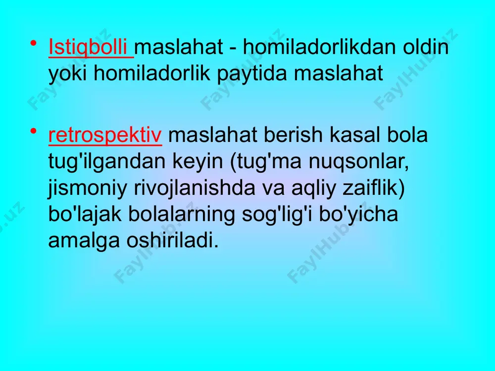 ajasi bo'lgan kasalliklar (1:10 dan kam); bularga yangi mutatsiyalar natijasida kelib chiqqan irsiy kasalliklar, shuningdek, xromosoma kasalliklari va poligenik tipdagi irsiyatli kasalliklar, ya'ni. genetik jihatdan noqulay fonda rivojlanadigan konjenital deformatsiyalar va irsiy kasalliklarning muhim qismi; 3. takrorlanish xavfi kamligi yoki umuman xavfi yo'qligi bilan tavsiflangan kasalliklar. foydalanilgan adabiyotlar: tibbiy genetika asoslari bilan inson genetikasi: darslik. talaba uchun.oʻrta.kasbiy.oʻquv yurtlari muassasalari/ v.n.gorbunova. - m.: “akademiya” nashriyot markazi, 2012 yil 203-232-betlar. tibbiy genetika: tibbiyot kollejlari uchun darslik / ed. n.p. bochkova. - m.: geotar-media, 2008 149-157, 160-165, 168-205, 199-201-betlar. e'tiboringiz uchun tashakkur! image1.jpeg image2.jpeg image3.jpeg image4.png image5.png image6.png image7.png image8.png image9.png image10.png image11.png image12.jpeg image13.png image14.png image15.png image16.jpeg image17.jpeg image18.png image19.jpeg image20.jpeg image21.jpeg image22.jpeg image23.jpeg /docprops/thumbnail.jpeg