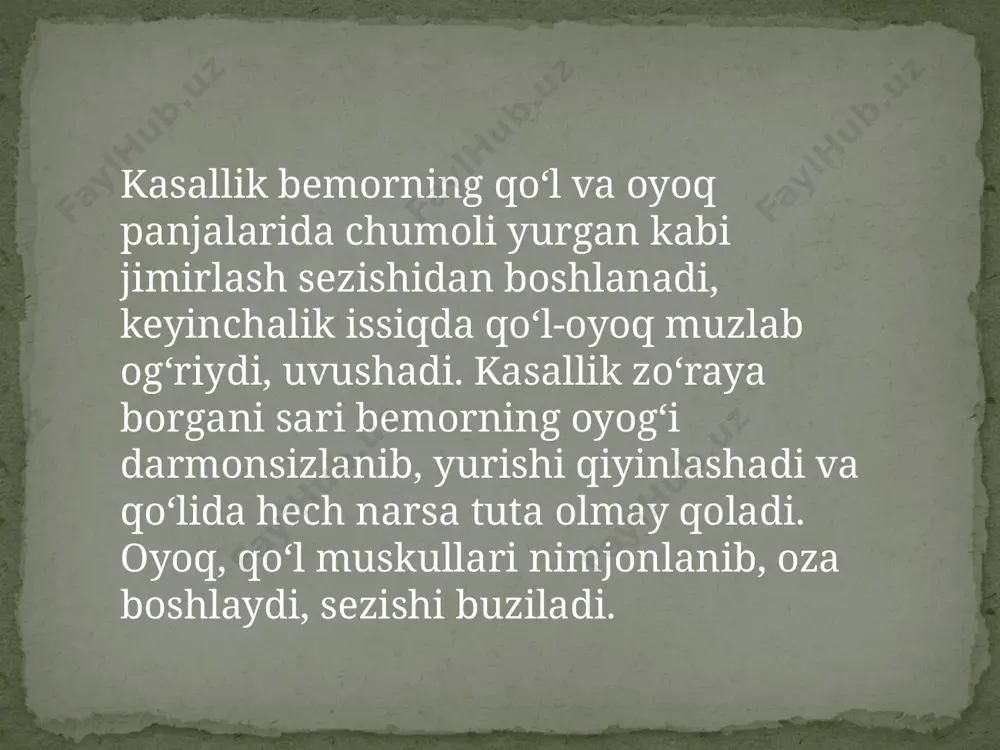 so‘ng 2 haftalar o‘tib periferik polinevropatiya rivojlanadi. uning belgilari dastlab oyoqlarda, so‘ngra qo‘llarda yuzaga keladi. demak, kasallik giyen-barre sindromiga o‘xshab rivojlanadi. ba’zan buning aksi ro‘y beradi, ya’ni kranial nevropatiyalardan so‘ng periferik falajliklar qo‘llarda paydo bo‘lib, so‘ngra oyoqlarga o‘tadi. diabetik polinevropatiyadan farqli o‘laroq, difterik polinevropatiyada oyoq-qo‘llarning proksimal qismi ham ko‘p zararlanadi. aksariyat hollarda, polinevritik va radikulyar tipdagi sezgi buzilishlari parallel tarzda paydo bo‘ladi. ba’zan kuchli sensitiv ataksiya rivojlanadi. bu holat difterik psevdotabes nomini olgan. qandli diabetda periferik nervlar zararlanishi juda ko‘p uchraydi. diabetik polinevropatiyalar patogenezining asosini surunkali davom etuvchi metabolik va mikrosirkulyator buzilishlar tashkil etadi. shuning uchun ham yil o‘tgan sayin periferik polinevropatiyalar bilan kasallan- ganlar soni oshib boradi va 80–100 % ga yetadi. ammo tez-tez kuzatilib turuvchi gipo- va giperglikemik holatlar diabetik polinevropatiyalar rivojlanishini jadallashtiradi. diabetik polinevropatiya klinikasi. diabetik polinevropatiya klinikasi, odatda, simmetrik tarzda yuzaga keladi va, asosan, sensor, vegetativ va harakat buzilishlaridan iborat bo‘ladi. harakat buzilishlari kam kuzatiladi. oyoqlarda …