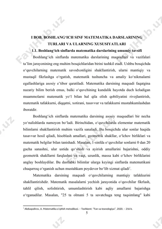 llik va e’tiborli bo‘lish kabi odatlar ham shakllantiriladi. bu esa ularning umumiy intellektual rivojlanishiga xizmat qiladi. darslarda beriladigan yozma va og‘zaki topshiriqlar, masalan, ikki bosqichli matematik masalalar, hisoblash jadvalini to‘ldirish, sonlar qatorini yozish kabi topshiriqlar ularning ish samaradorligini oshiradi. matematika darslarining vazifalaridan biri – o‘quvchilarda matematik tilni shakllantirish, ya’ni atamalarni to‘g‘ri ishlatish, mulohazalarni mantiqiy bayon etish, ifodalar bilan ishlash ko‘nikmasini rivojlantirishdan iborat. o‘quvchilar matematik tushunchalarni og‘zaki va yozma tarzda ifodalashga o‘rganadilar. masalan, “3 va 4 sonlarining yig‘indisi nechaga teng?” kabi savollar orqali ular matematik muloqot olib borishni o‘zlashtiradilar[footnoteref:2]. [2: abdullayeva, s. boshlang‘ich ta’limda didaktik o‘yinlar. – toshkent: “yangi asr avlodi”, 2019. – 144 b.] boshlang‘ich sinfda matematika darslarining yana bir muhim vazifasi – o‘quvchilarni real hayotda matematikani qo‘llay olishga o‘rgatishdir. masalan, do‘konda xarid qilishda, vaqtni belgilashda, temperaturani o‘lchashda, yo‘lni o‘lchashda matematika bilimlari amalda qo‘llaniladi. shuning uchun darslarda hayotiy misollar, real kontekstga asoslangan topshiriqlardan foydalanish juda muhim hisoblanadi. matematika fanining boshlang‘ich …