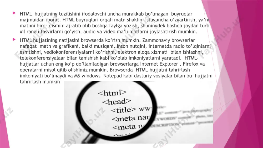 ft — chap chegara bo'yicha; right — o'ng chegara bo'yicha; center — markaz bo'yicha; justify — kengligi bo'yicha (eniga); ... 20. pre ... — oldindan formatlangan matnni aniqlaydi, matn holatini saqlaydi. masalan: probellami tekshirish . 21. script java script kodini aniqlaydi. 22. sub matnni quyi indeks kabi ifodalash . masalan: bir, ikki, uch 23. sup matnni yuqori indeks kabi ifodalash . masalan: bir, ikki, uch 24. table jadval yaratishda ishlatiladi. ... ichida atributlari yoziladi. atributlari: border — jadval chegarasi chiziq kengligini ko'rsatish. masalan: ... align — gorizontal bo'yicha tekislash. left — chap chegara bo'yicha tekislash; right — o'ng chegara bo'yicha tekislash; center -- markaz bo'yicha tekislash. masalan: ... width, height — kengligi va balandligi. odatda, piksel yoki foizlarda beriladi. masalan: ... cellspacing — qo'shni yacheykalar orasining kengligini ko'rsatish, piksel yoki foizlarda beriladi. masalan: ... cellpadding — yacheykalardagi ma’lumot va chiziq chegarasi orasining kengligini ko'rsatish, piksel yoki foizlarda beriladi. masalan: ... …