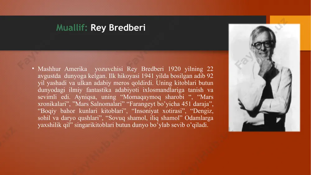 mavzusi-kitobning inson hayotidagi o'rni. intellektual jihatdan tanazzulga uchragan jamiyatni manipulyatsiya qilish ancha oson va bu amaldagi hukumat bu ishni kitoblarga ta’qiq qo'yish orqali amalga oshirish mumkin ekanligini yaxshi bilardi. asarning asosiy g'oyasi - insoniyatning porloq kelajagi, eng muhim bilim, manbalari va hayotiy tajribalari aks etgan kitoblar haqida. insonlarda o’yin-kulgi va kitoblar, bilim olish ortasida tanlov bo’lganida, bu jamiyatda yashovchi insonlar hayotni faqat o’ynab, kulib yashashdan iborat deya o’zlarini aldab yashaydilar va oxir oqibat bunday jamiyat tanazzulga yuz tutadi. shuningdek, muallif oila va oilaviy qadriyatlarning muhim muammolarini ochib beradi. o'zlarining xudbinliklariga berilib, rivojlanmay qotib qolgan odamlar oilaning ahamiyatini inkor qila boshlaydilar. asarning asosiy g'oyasi asar nomi: 1953-yilda bu asar hali nomlanmagan edi, rey kuchli, ramziy narsani qidirardi. 22-yanvar kuni derazadan garajga quyosh nuri tushayotganida u o’ylanib qoldi va "men qog'oz yoqadigan haroratni ishlata olaman deb o'ylagandim", deb esladi rey. - men bir nechta universitetlarning kimyo kafedralari bilan bog'lanishga harakat qildim, ammo …