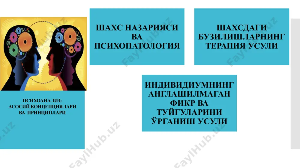 тларини тартибга солиш танотос энтропия (термодинамика) принципина бўйсунади. воқеликдаги инстиктлар нимани ифодалайди ҳар қандай инстикт тўртта характеристикага эга: манба, мақсад, объект ва стимул инстинкт манбаи: организм ҳолати ёки бу ҳолатни келтириб чиқапувчи эҳтиёж инстикт мақсади:инстинктнинг мақсади ҳар доим еҳтиёж туфайли келиб чиқадиган қўзғалишни йўқ қилиш ёки камайтиришдир. объект ҳар қандай одамни, атрофдаги объектни ёки шахснинг ўз танасида таъминлайдиган нарсаларни англатади стимул - бу энергия, куч ёки инстинктни қондириш учун зарур бўлган босим. шахс ривожланиши: психосексуал босқичлар орал босқич- 0-1,5 ёш. анал-1,5-3 ёш. фаллик-3-6 ёш. латент -6-12 ёш генитал-18 ёш фаллик босқичдаги низолар эдип комплекси-ўғил болалар учун элекстра комплекси-қизлар учун. психологик ҳимоя механизмлари мен ва у ўртасидаги низолардан қутқазиш учун ҳар хил воситалар қўлланилади. сиқиб чиқариш; инкор этиш рационаллаштириш; инверсия, қарши ҳаракатланиш проекция алмаштириш-синглини ҳафа қилганда, ота-онаси уни хафа қилади. оқибатда синглининг қўғирчоғи ёки итларига зарар етказишга уриниш. изоляция. регрессия. сублимация шахс конституциясидан ҳаёт мазмунига қадар шахс психологияси, шахс ривожланиши ёки …