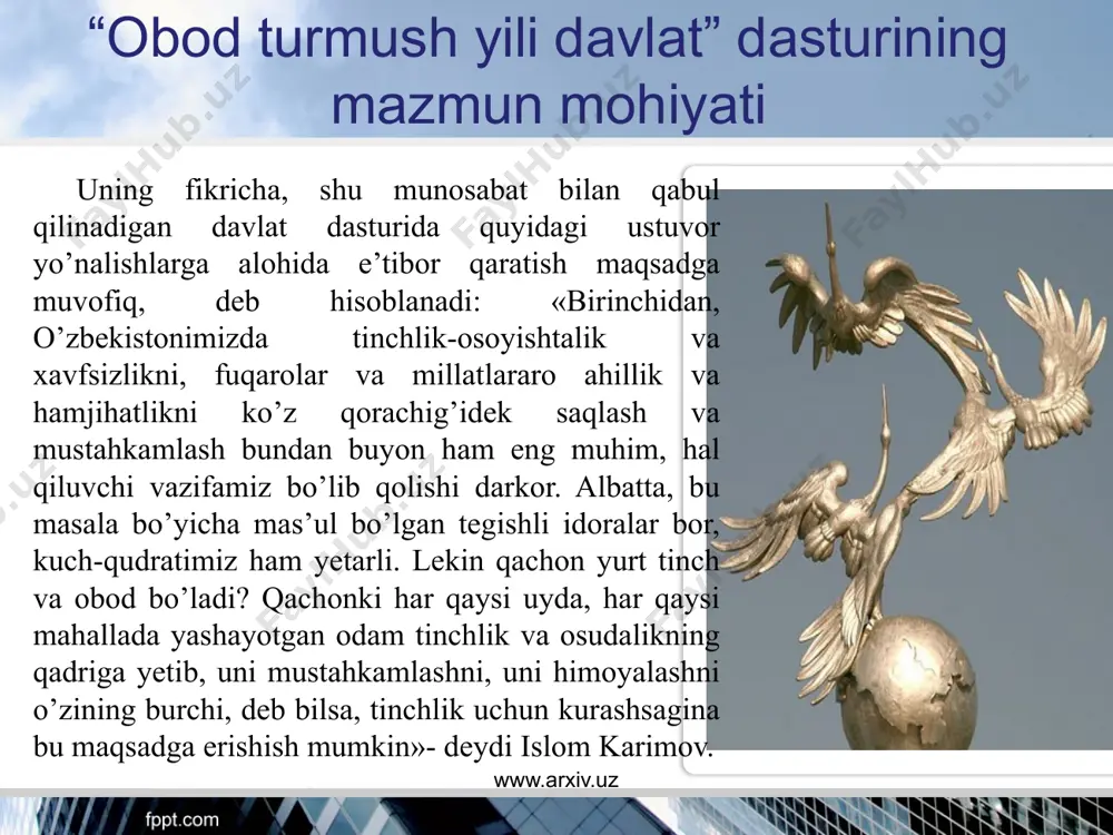 asturining mazmun mohiyati beshinchidan, biz turmushimizni yanada obod qilish vazifasini oldimizga qo’yar ekanmiz, bir haqiqatni chuqur anglab olishimiz zarur. ya’ni, hayotimizni obod qilishning muhim sharti – bu avvalo mahallani obod qilish demakdir. shu borada mahalla idorasining, mahallada yashaydigan aholimizning o’zini o’zi boshqarish tizimini, kerak bo’lsa, ijtimoiy himoyalash tizimini yanada takomillashtirish, mahallaning ijtimoiy-iqtisodiy hayotimizdagi o’rni va ta’sirini yanada kuchaytirish, unga yangi huquq va vakolatlar berish bo’yicha ham keng jamoatchilik ishtirokida amaliy takliflar ishlab chiqish maqsadga muvofiqdir. www.arxiv.uz “obod turmush yili davlat” dasturining mazmun mohiyati oltinchidan, hayotimizni yanada sog’lom va obod qilish, avvalo ayol zotining jamiyatimizdagi o’rni va nufuzini, ijtimoiy faolligini yanada oshirish, xotin-qizlarning turli jabha va yo’nalishlarda qilayotgan ishlarini munosib baholash, har qaysi xonadonda uy bekasi bo’lmish opa-singillarimizning og’irini yengil qilish asnosida turmushimizni farovon etish bilan uzviy va chambarchas bog’liqdir. ana shu haqiqatni amalda qaror toptirish uchun bizning hali qiladigan ko’p ishlarimiz borligini unutmasligimizni istardim»,- o’z so’zini yakunladi davlatimiz rahbari www.arxiv.uz …
