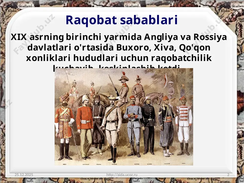 a.ucoz.ru 7 rossiya hukmron doiralarida borgan sari o'rta osiyoni bosib olish kayfiyati kuchayib bordi. 02.07.2020 http://aida.ucoz.ru 8 1831-yilda inglizlar o'rta osiyoga ikkinchi marta elchi yubordilar. elchilarga ingliz armiyasi leytenanti aleksandr byorns boshchilik qildi. 1826-yilda rossiya hukumati polkovnik f. berg boshchiligida ustyurtga ekspeditsiya yuborib, o'rta osiyoga boradigan yo'llarni yanada aniqroq belgilab oldi. u o'zini arman savdogari deb tanitdi. qo'lida hind va afg'on savdogarlarining tavsiyanomalari bo'lgan bu «tadbirkor» buxoro xonligi qushbegisi bilan aloqa bog'lay oldi. 02.07.2020 http://aida.ucoz.ru 9 a. byorns 1832-yilda buxoroga kirib keldi. angliya hukumati hindiston bilan o'rta osiyo o'rtasida savdo aloqalarining kengayishiga o'zining xonliklardagi ta'sirini qaror toptirishning asosiy yo'li deb qarar edi. 02.07.2020 http://aida.ucoz.ru 10 shuning uchun ham angliya hind savdogarlariga xonliklar bilan savdo-sotiq aloqalarini yo'lga qo'yishlarida katta yordam ko'rsatdi. aleksandr byorns mamlakat hududida katta razvedka ma'lumotlari ham to'play oldi. bu elchilik missiyasi o'rta osiyoda ingliz savdosining rivojlanishiga yordam berdi. 02.07.2020 http://aida.ucoz.ru 11 1839-yili angliya afg'onistonga qarshi harbiy harakatlar boshlaganida …
