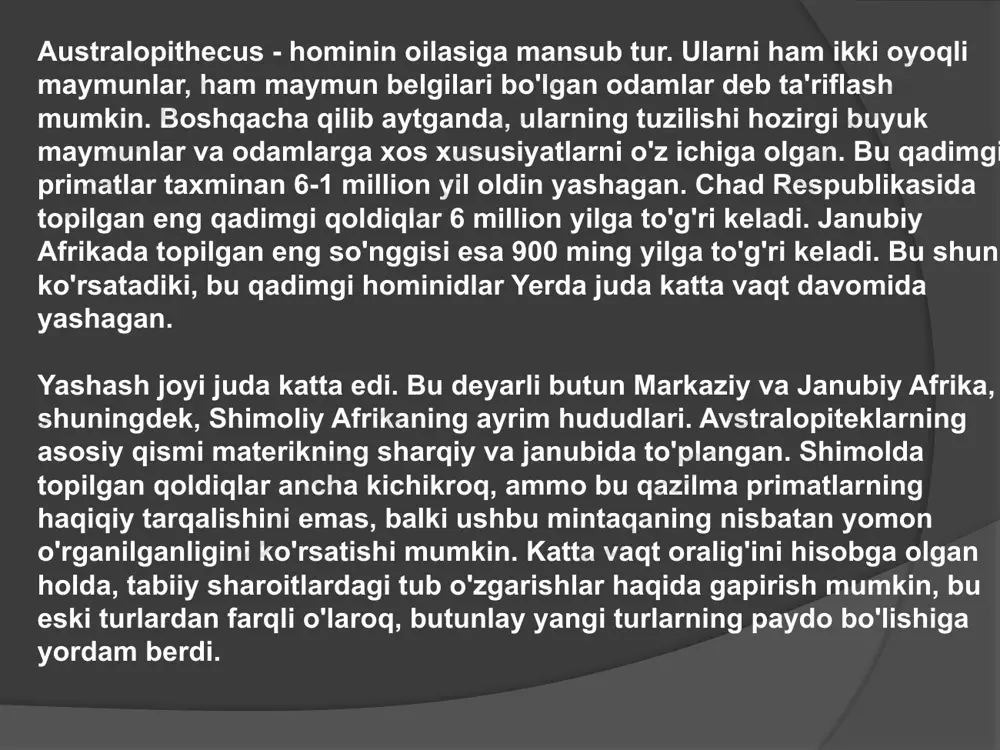 erdan bosh suyagining boshqa suyaklari ham ko'rinib turardi. tozalash 19 kun davom etdi, natijada bosh suyagi erdan olib tashlandi, 400 bo'laklarga bo'lindi. ammo, ularning barchasi birga yotganligi sababli, ularni bir-biriga yopishtirishga va antropoidning ko'rinishini tiklashga muvaffaq bo'lishdi. lui liki o‘z kashfiyotini zinjantrop (yunonchadan tarjima qilingan. zinz – sharqiy afrikaning arabcha nomi, antropos – “odam”) deb atagan. hozirda u qazishni moliyalashtirgan charlz boisei sharafiga australopithecus robust yoki boisei deb nomlanadi. tadqiqot shuni ko'rsatdiki, zinjantrop taxminan 2,5-1,5 million yil oldin yashagan. bu juda katta edi: erkaklar o'lchamlari allaqachon odam edi, urg'ochilar biroz kichikroq edi. zinjanthropusning miya hajmi zamonaviy odamnikidan uch baravar kichik edi va 500-550 kub santimetrni tashkil etd pekindan 40 km uzoqlikda, chjoukudyan qishlog'i yaqinida dunyo miqyosida shuhrat qozongan ajdaho suyaklari tepaligi bor. 1920-30-yillarda. bu tepalikning shimoliy yonbag'ridagi g'orda haqiqatan ham ko'plab gominid qoldiqlari topilgan, ular o'sha paytda sinantrop deb atalgan va hozirda ularga tegishli. homo erectus(ba'zan xitoy kenja turlarini ta'kidlaydi …