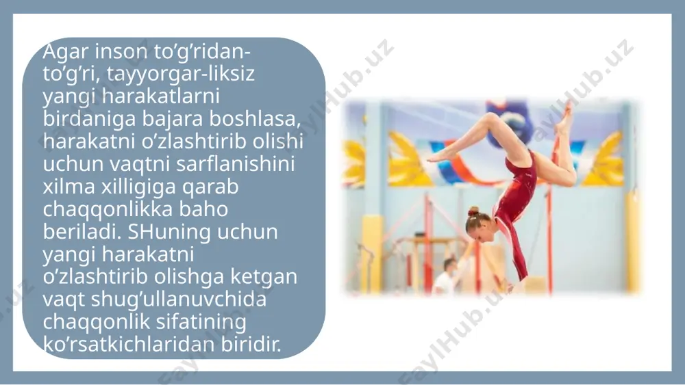 ning uchun ayrim paytlarda extiyotkorlikka e'tibor bеrish kеrak. faol egiluvchanlik bеvosita mushak kuchi bilan boqliq. biroq, kuchlilikni oshiradigan mashqlarbilan shuqullanish bo’qinlaridagi harakatchanlikni chеgaralab qo’yish mumkin. lеkin bu salbiy ta'sirni еngish mumkin: egiluvchanlikni va kuchlilikni oshiradigan mashqlarni maqsadga muvofiq ravishda qo’shib olib borish yo’li bilan har ikkala fazilatning yuksak darajada rivojlanishiga erishish mumkin. jismoniy tarbiya jarayonida egiluvchanlikning mumkin qadar ko’proq rivojlantirishga erishmaslik kеrak. uni kеrakli harakatlarni erkin bajarilishini ta'minlaydigan darajadagina rivojlantirish zarur. bundan egiluvchanlikning miqdori harakat bajariladigan maksimal amplitudadan ortiq (egiluvchanlik zapasi) bo’lishi kеrak. egiluvchanlikni tarbiyalash uchun katta amplituda bilan bajariladigan mashqlar(cho’ziluvchanlikni oshiradigan) qo’llanadi. ular 2 guruhga-faol va passiv harakatlarga bo’linadi. faol mashqlaru yoki bu bo’qimlarda mushaklarning qisobiga ko’ra harakatlarni amalga oshiradi. passiv mashqlaresa tashki harshilik bilan bajariladigan mashqlardir. faol mashqlarbajarilish xaraktеri bo’yicha bir fazali va prujinali (ikkilangan va uchlangan egilishlar): tеbranishli va fiksatsiyalangan: oqirlashtirilgan va oqirlashtirilmagan mashqlarkiradi. undan tashhari bu guruhga statik mashqlarkirib unda maksimal amplituda holatida tananing harakatsiz holatini …