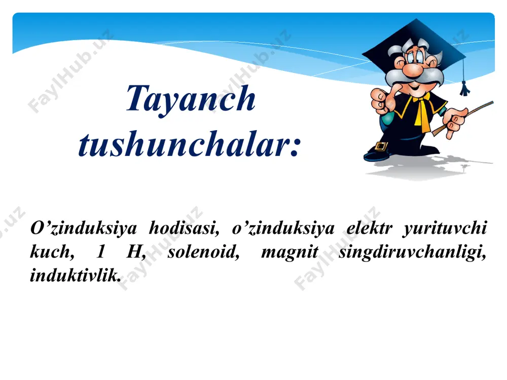 ltakning induktivligi qanchaga teng? 1. qanday hodisaga o‘zinduksiya hodisasi deyiladi? 2. o‘zinduksiya hodisasi kuzatiladigan zanjirni chizib, uni tushuntiring. 3. o‘zinduksiya koeffitsiyentining birligi nima? 4. o‘zinduksiya eyukning ifodasini yozing va uni tushuntiring mavzu yuzasidan savollar: e’tiboringiz uchun rahmat 10 image2.png image3.png image4.png image5.wmf image6.wmf oleobject1.bin oleobject2.bin image7.wmf image8.wmf oleobject3.bin oleobject4.bin image9.png image10.wmf image11.wmf oleobject5.bin oleobject6.bin image12.wmf image13.wmf image14.png oleobject7.bin oleobject8.bin image15.png image16.jpeg i ~ f li = f [ ] h l 1 = li = f t i l t i d d - = d df - = e a s v s a v h × = = 1 / 1 1 1 l s n l 2 0 m m = 2 7 0 10 4 a n - × = p m /docprops/thumbnail.jpeg
