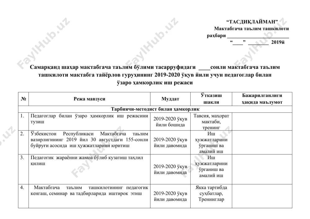 аолиятларда 19. катталар ёрдамида бармоқли театр инсценировкасини тайёрлашда болалар қобилиятини фаоллаштириш 2019-2020 ўқув йили давомида тадбирларга тайёргарлик, фаолиятларда 20. “жонажон ўзбекистоним, мангу бўл омон!” мавзусида байрам тадбирини ўтказиш 5 сентябрь 2019 йил байрам эрталиги 21. “устоз мураббийлар” мавзусида байрам эрталигини ўтказиш 30 сентябрь 2019 йил байрам эрталиги 22. “она шаҳрим - самарқандим” мавзусида байрам эрталиги 18.10.2019 йил байрам эрталиги 23. “она тилим - жону дилим” мавзусида байрам эрталиги 21.10. 2019 йил байрам эрталиги 24. “меҳржон” ҳосил байрами ноябрь 2019 йил байрам эрталиги 25. “янги йил арчаси меҳмонда” гуруҳларда арча байрамлари 23-29 декабрь 2019 йил тадбирлар 26. “ватан ҳимоячилари биз билан бирга” мавзули машғулот (катта ва мактабга тайёрлов гуруҳлари иштирокида) 10-14 январь 2020 йил тадбирлар 27. “буюк сиймолар қалбимизда “мавзусида таваллуд кунларига бағишланган мавзули машғулот. йил давомида тадбирларга тайёргарлик, 28. “сиз дунёда тенги йўқ, азиз онажон” мавзусидаги байрам эрталиклари 3-5 март 2020 йил тадбирлар 29. “ўлкамда наврўз” байрам сайли 23-26 март …