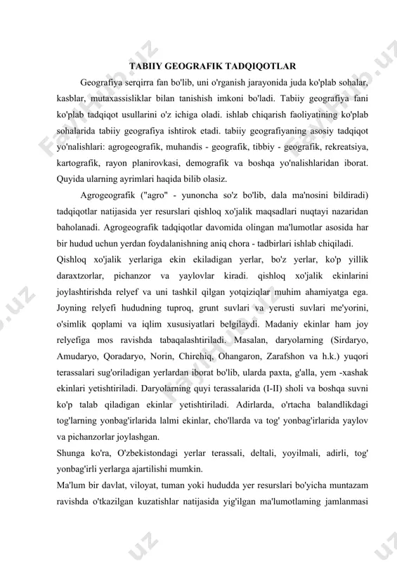 an. shunga ko'ra, o'zbekistondagi yerlar terassali, deltali, yoyilmali, adirli, tog' yonbag'irli yerlarga ajartilishi mumkin. ma'lum bir davlat, viloyat, tuman yoki hududda yer resurslari bo'yicha muntazam ravishda o'tkazilgan kuzatishlar natijasida yig'ilgan ma'lumotlaming jamlanmasi kadastr deb ataladi. kadastr yer, suv, qazilma boylik, yaylov, o'rmon va boshqalar bo'yicha hamtuzilishi mumkin. davlat yer kadastri quyidagi ma'lumotlarni o'z ichiga oladi: yerning kimga qarashli ekanligi; uning miqdor va sifat xususiyatlari; tuproq bonitirovkasi; yerning iqtisodiy baholanish natijalari. yer kadastri mamlakat bo'yicha yagona tizimga ega bo'lib, unda yerning aniq maydoni va sifati, tabiiy, xo'jalik va huquqiy holati to'g'risida to'liq navbatda tahlil qilinadi. avtomobil yo'llarining qiyaligi 12-15 dan oshmasligi lozim. baland va qiyaligi yuqori bo'lgan joylarda yo'llar yerosti tunellari orqali o'tkaziladi. masaln, toshkent - andijon avtomobil yo'lining qamchiq dovonida uzunligi 2,5 km li tunnel qazilgan. bundan tashqari, yo'llarni loyihalashda surilmalar, sellar, qor ko'chkilari, daryo toshqinlari ham hisobga olinadi. foydali qazilma konlarini qidirish davomida muhandis - geografik tadqiqotlar ikki yo'nalishda …
