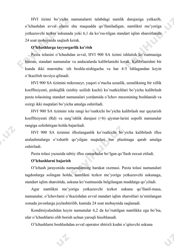 ik ko’rsatkichlari hvi tizimining siquvchi plitasi (6) namunani darchaning bosgan paytda avtomatik ravishda o’lchanadi. har bir namuna kamida ikki marotaba, yuzasining ikki tomonidan o’lchanadi. olingan natijalar monitorda - rd, +b rang bo’yicha kod (cg), iflosliklar maydoni (area), iflosliklar miqdori (count) va iflosliklar bo’yicha kod (brash) ko’rsatkichlari sifatida aks etadi. uzunlik ko’rsatkichini o’lchash. paxta tolasining uzunligi yuqori o’rtacha uzunlik ta’rifi bilan ifodalandi (uhm). uni aniqlashda faqat o’lchanayotgan namuna massasining yarmini tashkil etuvchi uzun tolalar ishtirok etadi. namunadagi barcha tolalar o’rtacha uzunlikning yuqori o’rta-cha uzunlikka nisbati bilan tolaning uzunlik bo’yicha bir xillik indeksi foiz hisobida ta’riflanadi. uzunligi 0,5 duym (12,7 mm) dan kam bo’lgan tolalar sfi indeksini tashkil etadi. bu ko’rsatkich namunaning umumiy vaznidagi kalta tolalar massasining foizini ifodalaydi. uzunlik ko’rsatkichlari maxsus qisqichlarda shtapel ko’rinishida qisilgan tolalarning qisilgan joyidan to shtapelning uchigacha bo’lgan ko’ndalang kesimini nurli skanerlash natijasida hosil qilinadigan nur o’tkazuvchanlikning egri chizig’ini hisoblash yo’li bilan aniqlanadi. shtapel bo’yicha o’tuvchi nur …
