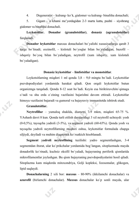 a saqlaydi. segment yadroli neytrofilning yadrosi yordamida qonning qaysi jinsga taaluqli ekanligini aniqlash mumkin. yadro atrofida xromatinning qo`shimcha to`plami bo`lishi ayol jinsida uchraydi, ularda x-xromosoma saqlaydi. bu qo`shimcha tuzilma baraban tayoqcha ko`rinishga ega va u barr tanachasi deyiladi. tayoqcha yadroli neytrofil – neytrofilning etilmagan shakli, yadrosi taqasimon, tayoqcha yoki s-simon ko`rinishda. yosh neytrofil loviyasimon yadroga ega. neytrofillarning vazifasi – bakteriyalarni immun komplekslarini (antitelo-antigen) fagotsitoz qiladi, keylonlarni ajratadi va leykotsitlarning ko`payishini boshqaradi. keylonlarni neytrofilda dnk sintezini bosib turadi. eozinofillar – yirik hujayralar, diametri 9-10 mkm, surtmalarda 12-14 mkm, umumiy leykotsitlarning 1-5 % tashkil etadi. yashash muddati 6-8 kun. sitoplazmasida eozin bilan bo`yalgan maxsus donachalar saqlanadi. elektron mikroskopda zich xromatinli yadro ko`rinadi, 2 ta segmentdan iborat, kamdan-kam hollarda 3 ta segment bo`lishi mumkin, yadrocha ko`rinmaydi. o`lchami ko`p bo`lmagan organellalarga ega. maxsus donachalar – elektron zich, noto`g`ri shaklda, kristalloid tuzilma saqlaydi, bu donachalar uzunasiga o`tgan tiniq chiziqchalar ko`rinishga ega. bir qator fermentlar tutadi: …