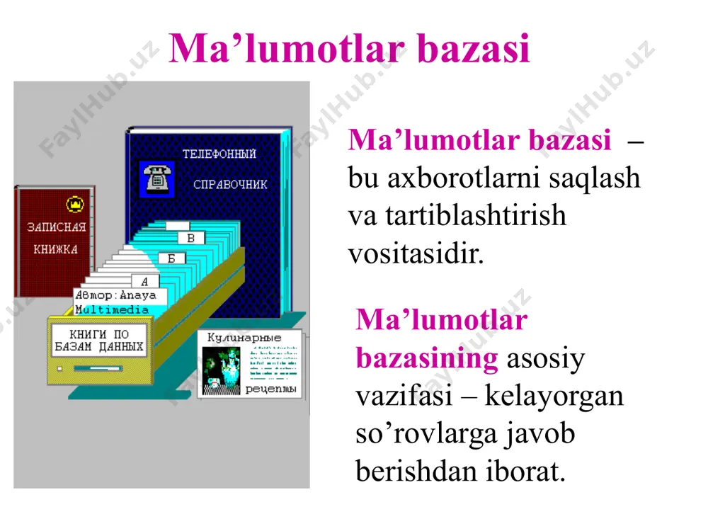 on turi (formati) ushbu tizim tushunchalari yoki ob’ektlari: so’rovlar, shakllar, hisobotlar, makroslar va modullardir va eng asosiy tushunchalar esa bu jadvallar va ma’lumotlar bazasi (database) hisoblanadi. demak microsoft аccess dasturida ob’etlar 7 xil bo’ladi. dbase tipdagi mbbt dbf (data base format) formatli fayllar qo’llaniladi: ms access asosiy obekti mdf kengaytmali faylda saqlanadi dasturni ishga tushurish: пуск / программы / microsoft office / microsoft access microsoft access so’rovlar (запросы) kerakli ma’lumotlarni ma’lumotlar bazasi jadvalidan foydalanuvchiga qulay tarzda tanlab beruvchi vosita. shakllar (формуляры) ma’lumotlar bazasiga yangi ma’lumotlarni kiritish hamda mavjudlarini ko’rib chiqishga mo’ljallangan vosita bu shakllar yoki formulyarlardir. ma’lumotlarni kiritish niqobi – ma’lumotlarni kiritishni avtomatlashtirish vositasi bo’lib, maydonga kiritilayotgan ma’lumotlarni qanday shakl orqali bajarilishini aniqlaydi. : hisobotlar (отчеты) ma’lumotlar bazasidagi ma’lumotlarni qog’ozga chiqarish uchun xizmat qiladi. shu sabab, ular boshqa ob’ektlardan, chop etiluvchi ma’lumotlarni turkumlash imkoniyatlari borligi bilan, shuningdek, boshqa hujjatlarga xos bo’lgan yuqori va quyi kolontitullar, saxifa raqamlari, tuzilgan sana hamda …