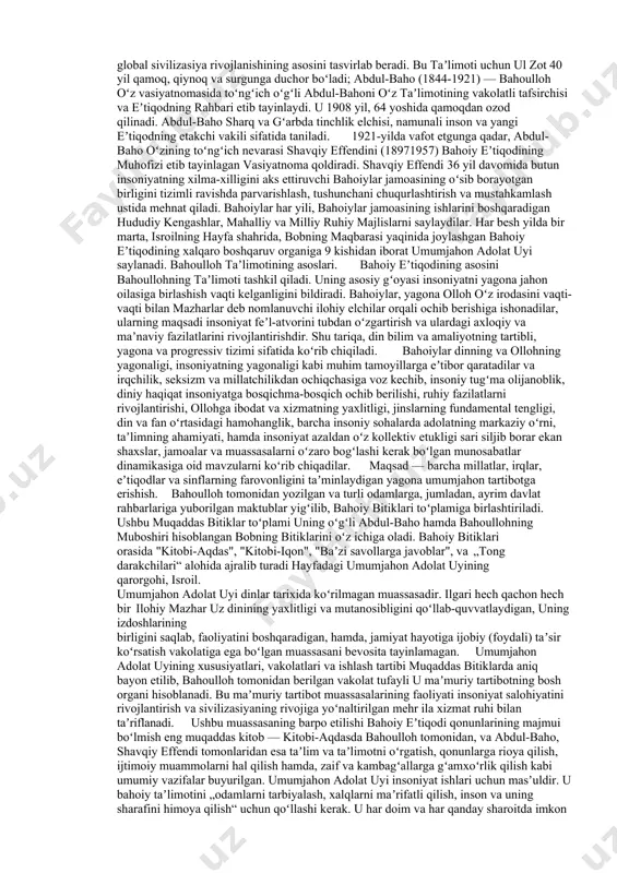 o missionerlik faoliyatida qatnashishi shart. jumladan, jamoa rahbariyati tomonidan har bir a’zo oyiga 10 soatdan 150 soatgacha missionerlik faoliyatiga sarflashlari talab qilinadi. jamoa a’zolari qancha ko‘p vaqtlarini missionerlikka sarflaganlariga qarab tashkilot ierarxiyasida ko‘tarilib boradi. so‘nggi paytlarda iegovochilar maktab o‘quvchilari va yoshlar orasida targ‘ibot ishlarini olib borishga intilish kuchli namoyon bo‘layotganini ta’kidlash zarur. ana shunday maqsadli faoliyat natijasida iegovochilar soni yildan-yilga ortib bormoqda. ma’lumotlarga ko‘ra, hozirda iegovochilar soni dunyo bo‘yicha qariyb 7 millionni tashkil etadi. ularning bosh tashkiloti tomonidan adabiyotlar nashr etish, cherkovlar faoliyatini ta’minlashga ketadigan sarf-xarajatlardan tashqari missionerlarning kundalik xarajatlariga yiliga 100 million aqsh dollariga yaqin mablag‘ sarflanadi. mormonlar. mazkur oqimga 1830 yili nyu-york (aqsh) shahrida jozef smit (1805-1844) ismli shaxs tomonidan asos solingan. smit 1823 yilda vermont shahridagi sheron o‘rmonida kambag‘al va bechora tarafdorlariga moroni nomli bir farishtaning o‘ziga vahiy olib kelganini da’vo qiladi. unga ko‘ra moroni, smitga nyu-yorkdagi kumora tepaligiga ko‘milgan, qadimgi misr tilida yozilgan oltin lavhlar va …
