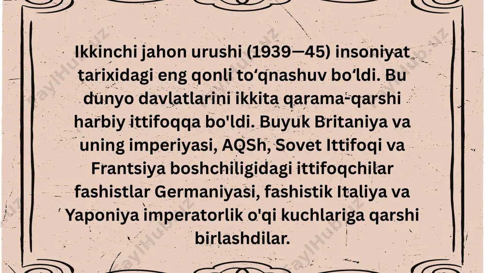 an bombardimon qilishni boshladi germaniya qo'mondoni ervin rommel ittifoqchilar tomonidan mag'lubiyatga uchragan italiya kuchlarini qo'llab-quvvatlash uchun shimoliy afrikaga yuborildi. 1941 yil fevral germaniya qo'shinlari shimoliy afrikaga yetib kelishdi germaniya armiyasi yugoslaviyada yaqinda tashkil etilgan ittifoqchi hukumatni ag'darish va italiyaning gretsiyaga bostirib kirishini qo'llab-quvvatlash uchun hujum boshladi. 1941 yil aprel axis yugoslaviya va gretsiyani bosib oladi ikkinchi jahon urushida yugoslaviyaning bosib olinishi va bo'linishi (1941 yil holatiga). gitler sovet ittifoqiga kutilmagan bosqinni boshladi va ikki xalq o'rtasidagi hujum qilmaslik to'g'risidagi shartnomani buzdi. 1941 yil iyun barbarossa operatsiyasi thank you image1.png image2.svg image3.png image4.svg image5.png image6.svg image7.jpeg image8.jpeg image9.jpeg image10.jpeg image11.jpeg image12.jpeg image13.jpeg image14.jpeg image15.png image16.jpeg /docprops/thumbnail.jpeg