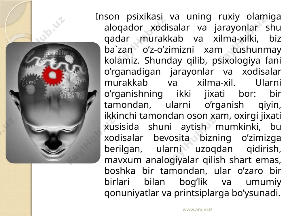 blariga javob berishi bilan xarakterlanadi. amaliy xamda tadbiqiy psixologiya soxalarining oziga xos jixatlari avvalo shundan iboratki, ular jamiyatning bevosita bugungi kundagi talablari va buyurtmalariga kora ish yuritadi. jamiyatimizda esa psixologik bilimlarni bevosita amaliyotga jamiyatimizda esa psixologik bilimlarni bevosita amaliyotga tadbiq etishga extiyoj katta. www.arxiv.uz birgina kadrlar tayyorlashning milliy dasturini oladigan bolsak, uning bajarilishi va muvaffakiyatli amalga oshirilishi uchun psixologiyaning aralashuvi zarur. joylarda tashkil etilgan tashxis markazlarida faoliyat kursatayotgan mutaxasislar okuvchilardagi rivojlanish tendentsiyalari, aqliy osish omillari va iqtidoriga qarab ta`lim tarbiyani tashkil etishlari uchun qator diagnostik tadbirlarni otkazishlari zarurki , bu tadbirlar oxir- oqibat real samara berishi lozim. www.arxiv.uz inson - biosotsial mavjudotdir. uning birligi, bir tomondan, kishining psixik, tugma ravishda tashkil topgan xususiyatlari (masalan, ko’rish yoki eshitish sеzgilarining, shuningdеk, oliy nеrv to’zilishining o’ziga xos xususiyatlari), ikkinchi tomondan esa faoliyatinig ongli sub’еkti va ijtimoyy taraqqiyotning faol ishtirokchisi sifatida uning xulq-atvor (masalan, axloqiy odatlar) xususiyatlarida namoyon bo’ladi. psixik rivojlanishiga ta’sir etuvchi omillar …