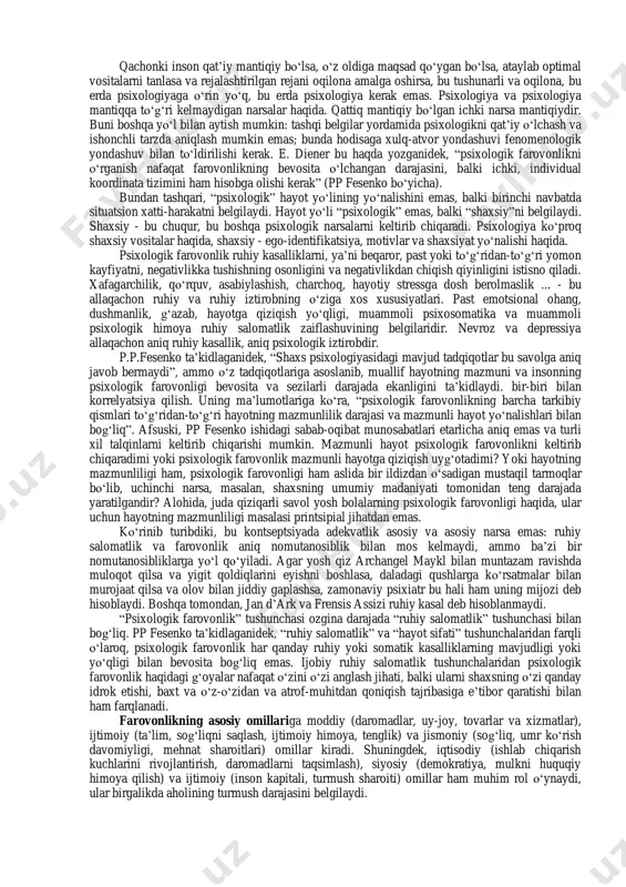 qiq qilingan. u farovonlik ikki xildagi ta‘sir natijasida erishiladigan muvozanat ekanligini tushuntirgan. bu ijobiy va salbiy his-tuyg‗ular shaklida namoyon bo‗lishini tushuntirib o‗tgan. n.bradburn tomonidan taklif qilingan farovonlikni shakllantirishning dastlabki mexanizmi juda sodda bo‗lib ko‗rinadi: inson hayotida ijobiy yoki salbiy his-tuyg‗ularni doimiy boshdan kechiradi. ular esa o‗zaro ta‘sir qiladi. bu esa turli xil hayotiy vaziyatlarni idrok etish va baholashga ta‘sir qiladi. psixologik farovonlik muammosini nazariy jihatdan birinchi bo‗lib tadqiq qilgan amerikalik psixolog n.bradburnning ilmiy izlanishlarini e.diener davom ettiradi. insonning subyektiv farovonligi (subjective well-being — swb) masalalari xorijiy psixologiyada ilk bor 1984 yilda edvard diener tomonidan amerika psixologiya assotsiatsiyasining «psixologik bulletin» jurnalida nashr etilgan maqolasida yoritilgan. pozitiv psixologiya g‗oyalarini ishlab chiqishda muallif yangi konseptual konstruksiyani - subyektiv farovonlikni taklif qiladi. bir qator mualliflar subyektiv farovonlikni psixologik farovonlikning kichik turi sifatida belgilaydilar. e.diener fikricha, ikkita asosiy tarkibiy qism o‗rganilayotgan hodisaning asosidir: kognitiv qism bu – inson hayotining turli sohalaridan qoniqishni intellektual baholash; hissiy …