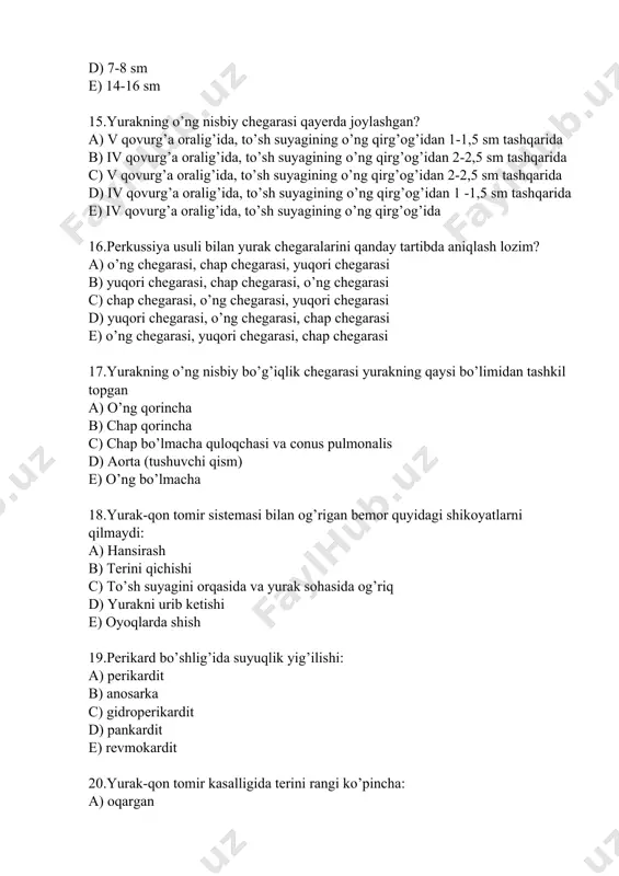 ardiyada d) infarkt miokardda e) septik endokarditda 22.butun tanaga tarqalgan shishlar, bu: a) astsit b) gidrotoraks c) gidroperikard d) gidronefroz e) anosarka 23.kuchli sianoz ko’proq qaysi kasallik uchun xos? a) orttirilgan yurak paroklari b) tug’ma yurak paroklari c) infarktdan keyingi kardioskleroz d) perikardit e) miokardit 24.bemor yanoqlarining binafsha – qizg’ish rangda bo’lishi, burunning uchi va lablarning ko’karishi qaysi kasallik uchun xos? a) aorta qopqog’ining torayishi b) aorta klapanining yetishmovchiligi c) mitral stenoz uchun d) uch tavaqali klapan yetishmovchiligi e) o’ng atrioventrikulyar teshikning torayishi 25.bemorning terisi sutli kofe rangida bo’lishi qaysi kasallik uchun xos? a) septik endokardit b) revmatik endokardit c) aorta anevrizmasi d) stenokardiya e) surunkali miokardit 26.bemorning oyoqlari pastga tushirilgan majburiy holati nima deb ataladi? a) apnoe b) taxipnoe c) dispnoe d) ortopnoe e) oddiy 27.aorta klapani yetishmovchiligida diastolik shovqinning eng yaxshi eshitilish joyi: a) ii qovurg’a oralig’ida, to’sh suyagi chap qirg’og’i yonida b) yurak cho’qqisi c) xanjarsimon o’simta …
