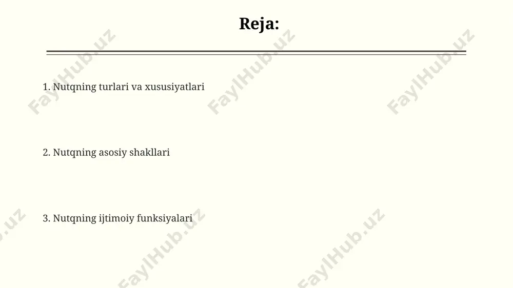 ment: manba, maqsad, auditoriya, kontekst va til birligi muhim ahamiyat kasb etadi. rasmiy nutqda, masalan, o'zbekiston respublikasi oliy majlisining 2023-yilgi 3-sessiyasida qabul qilingan qonunlar haqida ma'lumot berishda aniq va tushunarli til qo'llaniladi. rasmiy nutqning samarqand viloyatida o'tkazilgan anjumanda namoyish etilgan namunalarida 70% dan ortiq lug'at boyligi maxsus terminologiyadan iborat edi. og'zaki nutq oʻzbekistonning 5 ta viloyatida oʻtkazilgan tadqiqotlar shuni koʻrsatdiki, ogʻzaki nutqning 30% ga yaqini shevalar ta'sirida boʻladi. ogʻzaki nutqning 70% dan ortigʻi, toshkent shahridagi 1000 nafar ishtirokchi bilan oʻtkazilgan soʻrovnoma natijalariga koʻra, kundalik muloqotda qoʻllaniladi. 2022-yilgi ma'lumotlarga koʻra, ogʻzaki nutqning 15% dan ortigʻi rasmiy bayonotlar va ommaviy axborot vositalarida qoʻllaniladigan rasmiy uslubga tegishli. yozma nutq ёзма нутқда 20-30 га яқин турли хил адабиёт жанрлари, масалан, шеър, ҳикоя, роман кабилар мавжуд бўлиб, буларнинг ҳар бири ўзига хос услуб ва хусусиятларга эгадир. ёзма нутқнинг ҳужжатли шакли сифатида ҳукуматнинг 2023-йилги 3-сонли фармони каби расмий ҳужжатлар тошкент шаҳрида нашр этилади ва аниқ тартибга …