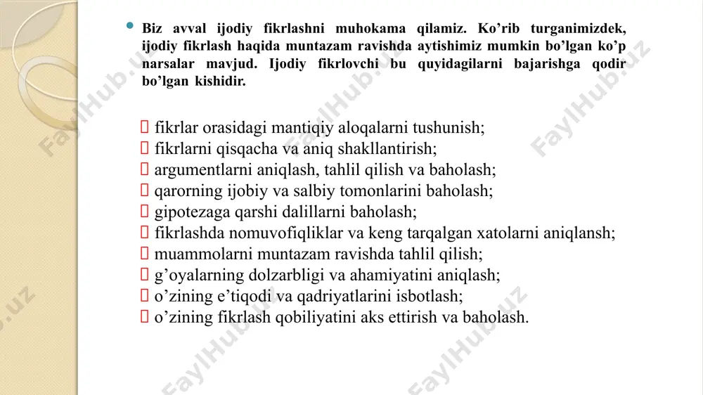 ma’nol'i javob berishga harakat qiling, har safar yangi iboralarni o’ylab toping – qolip so’zlardan qoching, latifalarni esga oling, yangi xazillar, qiziqarli voqealarini o’ylab toping, albatta suhbatda ularni qistirib o’ting. ijodiy fikrlashni rivojlantirishning birinchi usuli: shakli o'zgaruvchilarni o'ynash bizning birinchi maslahatimiz "flip-flop" deb nomlangan. ko'chada ketayotganingizda yoki transportda ketayotganingizda, reklama, yozuvlar va do'konlarning nomlarini o'qishga harakat qiling, men oldindan so'rayman. masalan, "neapol" pitseriyasi, siz esa "lopaen" ni o'qiysiz. avvaliga bu qiyin bo'ladi, ammo miyani ham o'rgatish kerak. bir necha kun va siz ko'p harakat qilmasdan qisqa so'zlarni, keyinroq uzunroq so'zlarni, keyin iboralarni va nihoyat uzoq jumlalarni o'qiy olasiz. shakli o'zgaruvchilarni o'ynash bu nima uchun? avvalo, siz miyangizni mashq qilasiz, vaziyatni ko'rishning bir nechta usuli borligini, muqobillari borligini va bu muqobillarga e'tibor berish kerakligini xabar bering. muammo tug'ilganda va undan chiqish yo'lini izlash kerak bo'lganda, sizning fikringiz endi nostandart, tushunarsiz echimlarga qarshi turmaydi. ertalab kechqurun boshlanadi ertalab kechqurun boshlanadi - ijodiy fikrlashni …