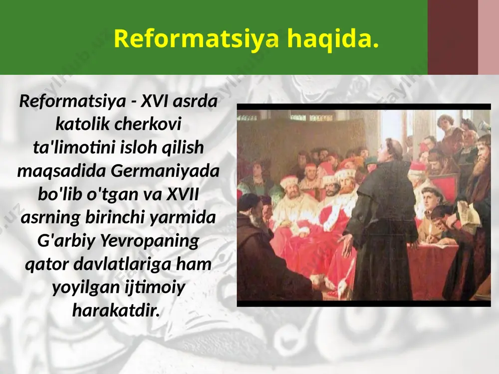 kov» bo'lishi yoqlangan edi. martin lyuterning «95 tezis»i butun germaniyani to'lqinlantirib yubordi. katolik cherkovidagi bo'linish. reformatsiya natijasida rim katolik cherkovida bo'linish yuz berdi. xo'sh, bu qanday sodir bo'ldi? tez orada germaniyada katolik cherkovining zulmiga va zo'ravonligiga qarshi boshlangan harakat ommaviy tus oldi. 1526- yilda germaniya reyxstagi lyuterchi-knyazlar talabi bilan har bir nemis knyazi o'zi va fuqarosi uchun xohlagan dinni tanlash huquqiga ega ekanligi to'g'risida qaror qabul qildi. biroq 1529- yilda reyxstag bu qarorni bekor qildi. bunga qarshi imperiyaning bir qancha shaharlari va 5 knyazi protest (norozilik) bildirishgan. protestant knyazlar 1555- yilda rim papasi bilan bitim tuzishga muvaffaq bo'ldilar. unga ko'ra, endi har bir knyaz o'z fuqarolari uchun istagan dinni, ya'ni yo protestantlikni, yoki katoliklikni tanlash huquqiga ega bo'lganlar. savol va topshiriqlar 1. reformatsiya harakati qay tariqa vujudga keldi? 2. nega germaniya reformatsiya vatani bo'ldi? 3. martin lyuter ta'limoti mazmunining asosiy jihatlarini aniqlang. 4. nega xristianlikning yangi lyuterchilik oqimi protestantlik deb …