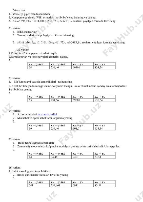 amalga oshiriladi 3. misol. 3306,1910; 1010101,10112; 2461,7238, a0c6f,bf16 sonlarni yoyilgan formada tasvirlang 32-variant 1.bulut taqdim etedigan xizmatlar 2. wi-fi kraken qanday qurilma 3. misol. 335,1910; 1010101,1012;5461,7238, a0c6ff,b16 sonlarni yoyilgan formada tasvirlang 33-variant 1.bulutli texnologiyada tarqatish modellari 2. ikkita kompyuter orqali lokal tarmoq hosil qilish ketma ketligi. 3. misol. 936,1910; 10101,10012; 661,7238, a06ff,bc16 sonlarni yoyilgan formada tasvirlang 34-variant 1. bulutli texnologiya shakllari 2.tarmoq komponentalari 3. misol. 306,1910; 10101,10012; 422,7238, e01c6ff,b16 sonlarni yoyilgan formada tasvirlang 35-variant 1.shaxsiy bulut 2.tayyorlangan kabelni tekshirish qanday bajariladi. 3. x2 → y10 (y8) x8 → y16 (y10) x3 → y16 x10 → y16 101 234,44 1221 733,54 36-variant 1.jamoat buluti 2. kompyuterni wifi ga ulash. (windows 7 da ) tartibi bo’yicha bajaring va yozing 3. x2 → y10 (y8) x8 → y16 (y10) x3 → y16 x10 → y16 1011 234,74 2221 633,54 37-variant 1. bulutli xizmat ko’rsatuvchi kompaniyalar 2. mikroto’lqinlar qanday chastotada ishlay oladi? optik tolali …