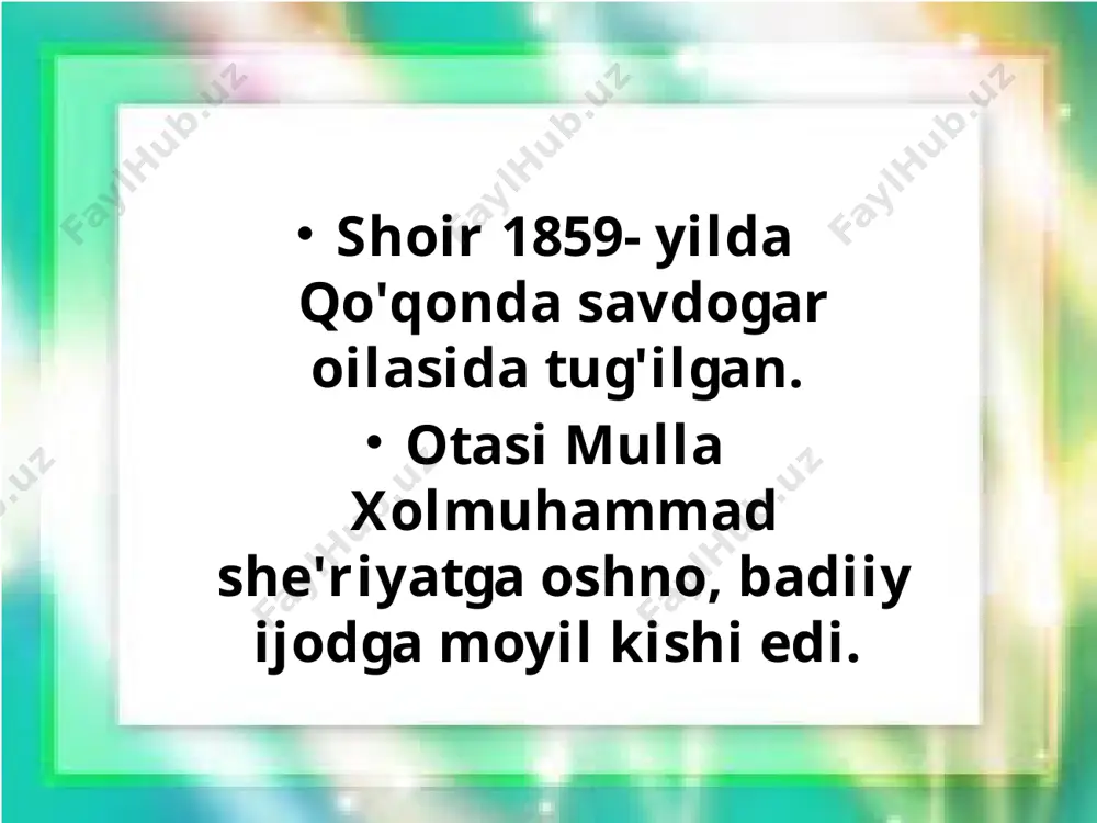 elbalanmish zulfini savdosidin devonalar, qayg'a borsa o'lturub yerg'a chalipo tortadur. jon ila ko'ngul taloshur, ey sanam, dard-u g'aming, birni sol ko'nglimg'aki, jon birni tanho tortadur... surmadin ko'zlar qaro... surmadin ko'zlar qaro, qo'llar hinodin lolarang, g'ozadin yuzlarda tob-u, o'smadin qoshlar tarang. za'faroniy ko'ylak uzra arg'uvoniy kamzihur, ro'ymol og'ushidin peshonaning ahvoli tang. bori nozik panjalar oltun uzukdin zebnok, qo'l bilakuzukdin muzayyan, nuqradin og'izda chang. gavhar osqon halqalar siymin banogo'shinda band, ko'rinur zulfi tunida subhi sodiqdek arang. musaddas sayding qo'yaber sayyod, sayyora ekan mendek, ol domini bo'ynidin, bechora ekan mendek, o'z yorini topmasdan ovora ekan mendek, iqboli nigun, baxti ham qora ekan mendek, hijron o'qidin jismi ko'p yora ekan mendek, kuygan jigari-bag'ri sadpora ekan mendek... savollar 1. qaysi shoirlar 8 yoshida f. attorning “mantiq ut-tayr” dostonini yod oladi? 2. furqatning ilk she’ri? furqat g’azaliga qaysi mashhur shoir muxammas bog’lagan? 3. ijodining dastlabki davrida – 21-22 yoshida devon tartib bergan shoir kim? 4. “hammomi …