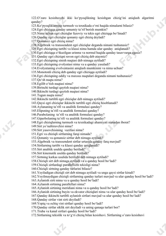 ravishda kesishayetgan ikki tekislikning o’zaro kesishuv chizig‘i qanday aniqlanadi? 80.izlari orqali berilmagan ikki tekislikning o’zaro kesishuv chizig‘i qanday aniqlanadi? 81.to‘g‘ri chiziqning tekislik bilan kesishuv nuqtasi qanday aniqlanadi? 82.kesishuvchi ikki tekislikning ko‘rinar-ko‘rinmas qismlari qanday nuqtalar orqali aniqlanadi? 83.to‘g‘ri chiziqning tekislikka perpendikulyarligi qanday isbotlash mumkin? 84.nuqtadan tekislikgacha bo‘lgan eng kiska masofa qanday aniqlanadi? 85.nuqtadan to‘g‘ri chiziqgacha bo‘lgan masofa qanday aniqlanadi? 86.qanday vaziyatda ikki tekislik o’zaro perpendikulyar bo‘ladi? 87.ikki kesishuvchi tekislikka ham bir vaqtda perpendikulyar bo‘lgan uchunchi tekislik qanday o‘tkaziladi? 88.ikki parallel tekislik orasidagi masofa qanday aniqlanadi? 89.ikki to‘g‘ri chiziq orasidagi burchak qanday aniqlanadi? 90.ikki tekislik orasidagi burchak qanday aniqlanadi? 91.ortogonal proyeksiyalarni qayta tuzish deb nimaga aytiladi? 92.parallel harakatlantirish usulining mohiyati nimadan iborat? 93.uchburchak tekisligining haqiqiy kattaligi parallel harakatlantirish usulida qanday aniqlanadi? 94.aylantirish usulinig mohiyati qanday? 95.aylantirish usulida izlari orqali berilgan tekislikni proyeksiyalovchi holatga keltirish qanday amalga oshiriladi? 96.jipslashtirish usulining mohiyati qanday? 97.izlari orqali berilgan tekislikda yetgan uchburchakning haqiqiy kattaligi qanday aniqlanadi? 98.proyeksiyalar …