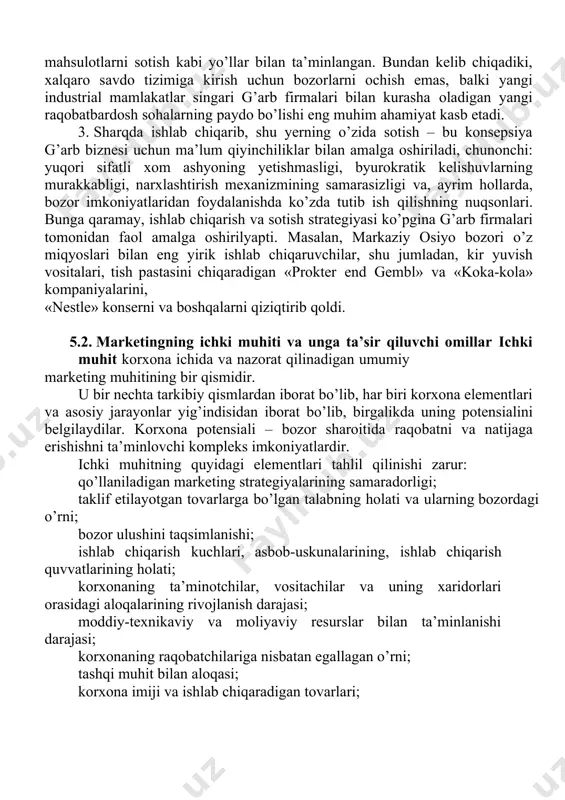 harqda sotish – bu konsepsiya sharqiy yevropa va mdh mamlakatlarida haligacha mavjud bo’lgan tovar defisitiga asoslanadi va foydani olib chiqish va valyuta konvertasiyasi bilan bog’liq bo’lgan ko’pgina muammolarga qaramay keng tarqalgan. bu yerda g’arb ishlab chiqaruvchilari va vositachilari tomonidan nafaqat tovarlarning va ishlab chiqarishning yuqori sifati, balki marketing afzalliklari ham maydonga chiqadi. 2. sharqda ishlab chiqarish, g’arbda sotish – bu konsepsiya ko’pgina g’arb kompaniyalari uchun eng yaxshi imkoniyatlarni taqdim etadi. bu kompaniyalar sharqiy yevropa va mdhdan g’arbda sotish uchun ishlab chiqarish ba’zasi sifatida foydalanish, malakali sharqiy yevropa ish kuchini ekspluatasiya qilish va mavjud marketing kanallari yordamida mahsulotlarni sotish kabi yo’llar bilan ta’minlangan. bundan kelib chiqadiki, xalqaro savdo tizimiga kirish uchun bozorlarni ochish emas, balki yangi industrial mamlakatlar singari g’arb firmalari bilan kurasha oladigan yangi raqobatbardosh sohalarning paydo bo’lishi eng muhim ahamiyat kasb etadi. 3. sharqda ishlab chiqarib, shu yerning o’zida sotish – bu konsepsiya g’arb biznesi uchun ma’lum qiyinchiliklar bilan …