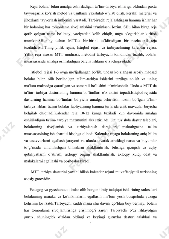 zaga kelishini ko’rsatdi.tarbiyachi xuddi mana shu davrni qo’ldan boy bermay, bolani har tomonlama rivojlantirishga erishmog’i zarur. tarbiyachi o’zi ishlayotgan gurux, shuningdek o’zidan oldingi va keyingi guruxlar dasturi talablari va mazmunini yaxshi bilishi kerak. masalan, dasturning kichkina guruh bolalarini tevarak-atrof bilan tanishtirish bo’limida bolalarni hayvonlar, o’simliklar va shunga o’xshashlar tug’risidagi eng oddiy bilim va tushunchalar bilan tanishtirish vazifasi belgilangan.o’rta guruxda dastur bo’yicha bolalarni tevarak-atrof bilan tanishtirish va narsa- buyumlarga, voqea-xodisalarga nisbatan qiziqishini o’stirish va shu asosda eng oddiy tasavvur va tushunchalar xosil qilish, eng muhimi esa, kuzatuvchanlikni, narsa va buyumlar, voqea-hodisaiar o'rlasidagi o'zaro bog’liqlikni topa bilishga o’rgatish bosh vazifa hisoblanadi. katta va tayyorlov guruxi bolalarini narsa-buyumlar, vokea- hodisalar tug’risidagi xaqiqiy tasavvur va tushunchalarini, ularning tabiiy sabablar bilan bog’lik ekanligini shakllantirish dasturning muxim vazifasidir. maktabgacha tarbiya yoshidagi bolalarga ta'lim-tarbiya berish ishini muvaffaqiyatli amalga oshirish uchun dasturni yaxshi bilishning o’zi etarli emas, shu bilan birga, har bir bolaning shaxsini rivojlantirish yo’llarini yaxshi bilish, …