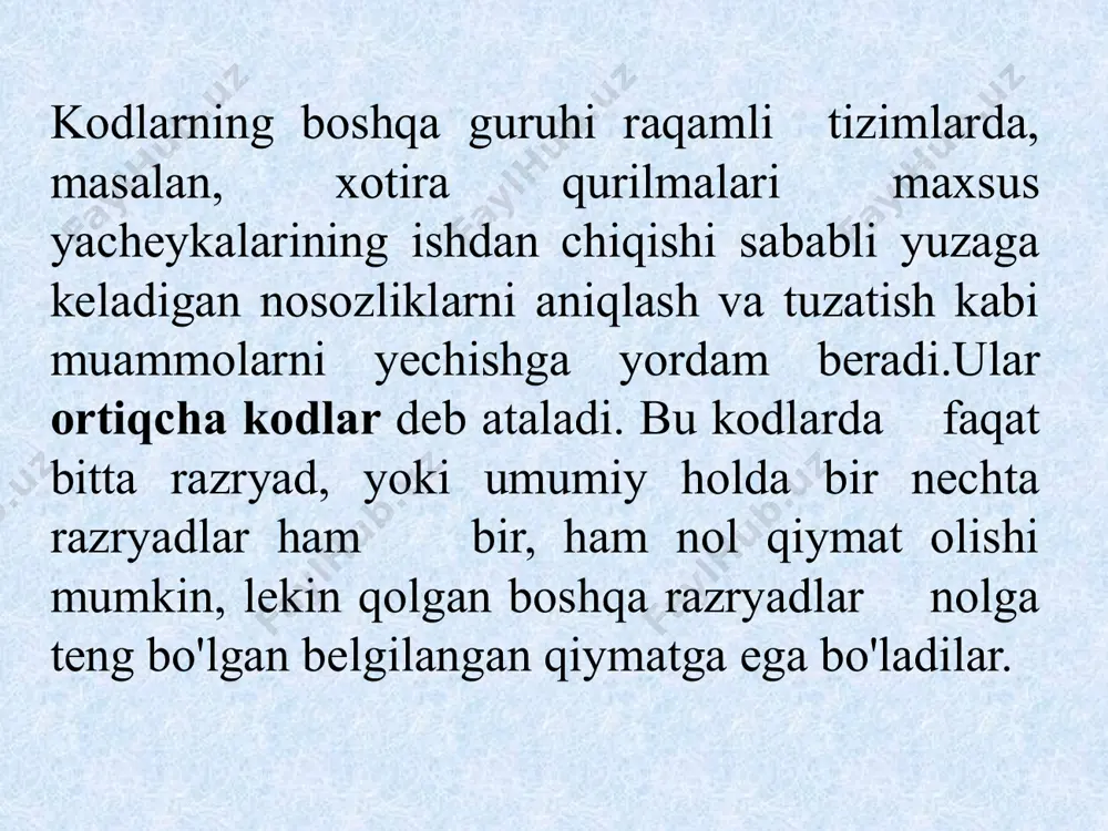 asi 5.3-rasmda keltirilgan. tahlil qilishga qulay boiishi uchun ularni raqamlaymiz. 4.3-rasmning chap qismidan tahlilni boshlab, 1 va 2 invertorlar x, va x2 o'zgaruvchilar qiymatini teskarisiga o'girish uchun ishlatilayotganini aytishimiz mumkin. ham sxemasi 3 yordamida amalga oshiriladi. xuddi shunday ham sxemasi 4 yordamida amalga oshiriladi. ikkala elementning chiqishi yoki elementi 5 kirishlari bilan birlashgan. q3 = x8 + x9 , q2 = x4 + x5+ x6 + x7 , q1 = x2 + x3+ x6 + x7 , (4.1) q0 = x1 + x3+ x5+ x7+ x9 . mafni aniqlash jarayoni juda sodda: qaysi birga teng bo'lgan kirish signallarida qi chiqish signali birga tengligini aniqlaymiz. 4.1-jadval «10 dan 4 ga» shifratori («4 dan 10 ga» deshifratori)ning haqiqiylik jadvali olingan maf yordamida shifrator quyidagi qonunga asosan ishlashini kuzatishimiz mumkin. ј)0 kichik chiqish razryadi ixtiyoriy toq kirishlardan biriga signal berilganda ochilishi kerak, chunki ikkilik sanoq tizimidagi barcha toq sonlar kichik razryadida birga ega. …