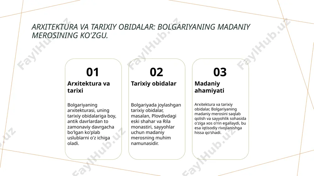 2 3. saidov, s. turizm va madaniyat: bolgariyada sayyohlar uchun imkoniyatlar. buxoro davlat universiteti, 2020 4. mustafayeva, n. bolgariyaning tarixiy joylari va sayyohlikni rivojlantirish. o'zbekiston turizm assotsiatsiyasi, 2023 5. toshpo'latov, r. bolgariyada madaniy meros va sayyohlik: o'zaro aloqalar. o'zbekiston respublikasi madaniyat vazirligi, 2022 e'tiboringiz uchun rahmat! /docprops/thumbnail.jpeg