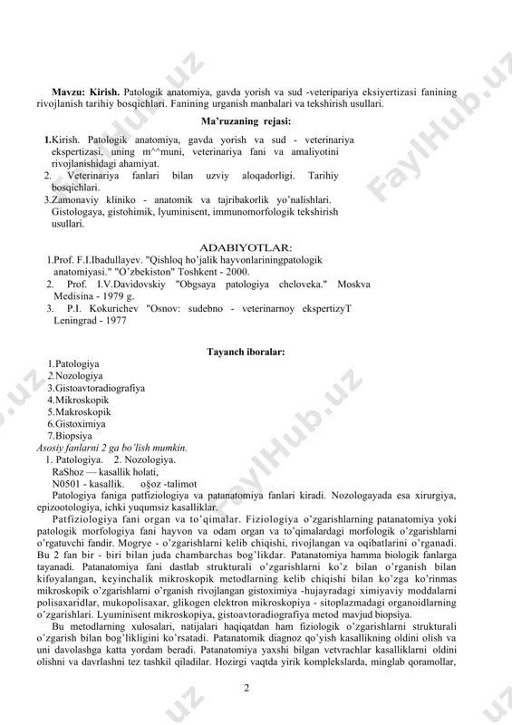 kopik metodlarning kelib chiqishi bilan ko’zga ko’rinmas mikroskopik o’zgarishlarni o’rganish rivojlangan gistoximiya -hujayradagi ximiyaviy moddalarni polisaxaridlar, mukopolisaxar, glikogen elektron mikroskopiya - sitoplazmadagi organoidlarning o’zgarishlari. lyuminisent mikroskopiya, gistoavtoradiografiya metod mavjud biopsiya. bu metodlarning xulosalari, natijalari haqiqatdan ham fiziologik o’zgarishlarni strukturali o’zgarish bilan bog’likligini ko’rsatadi. patanatomik diagnoz qo’yish kasallikning oldini olish va uni davolashga katta yordam beradi. patanatomiya yaxshi bilgan vetvrachlar kasalliklarni oldini olishni va davrlashni tez tashkil qiladilar. hozirgi vaqtda yirik komplekslarda, minglab qoramollar, cho’chqalar, millionlab parrandalar sakdanadilar komplekslarda patanatomik diagnostikaning ahamiyati ortib boriyapdi. bunda tez diagnoz qo’yish minglab, mollarning hayoti saqlab qolinadi. myasokombinatlarda patanatomik diagnostikaning yaxshi yo’lga qo’yilishi, odamlarni kasalliklardan sakdab qolishga katta yordam beradi. sud veterinariya ekspertizasidagi roli ham ulkaidir. ilmiy ish bilan shug’ullanuvchilar aniq o’zgarishlar, ularning rivojlanish mexanizmi o’rganiladi, diagaostikasi o’rganiladi. o’zimizning ineb - da uznivi da hamma korxanalar va laborat. patanatomiyaga murojaat qiladilar. patanatomiya 2 bo’lib o’rganamiz umumiy va xususiy patanatomiya. patologik anatomiyaning tarixi. fanning asosiy o’rganish …